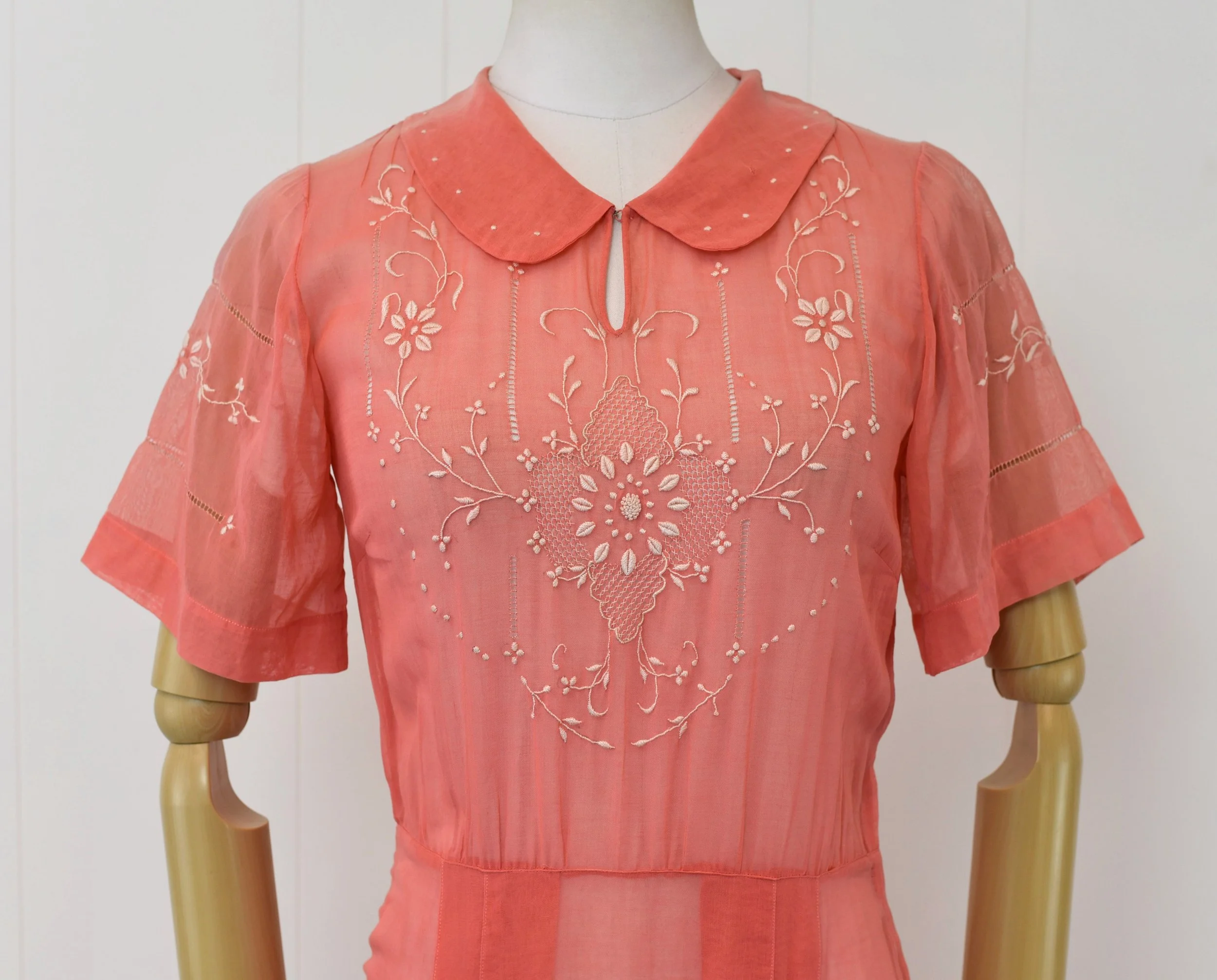 1920s/1930s Embroidered Coral Sheer Cotton Hungarian Folk Peasant 
