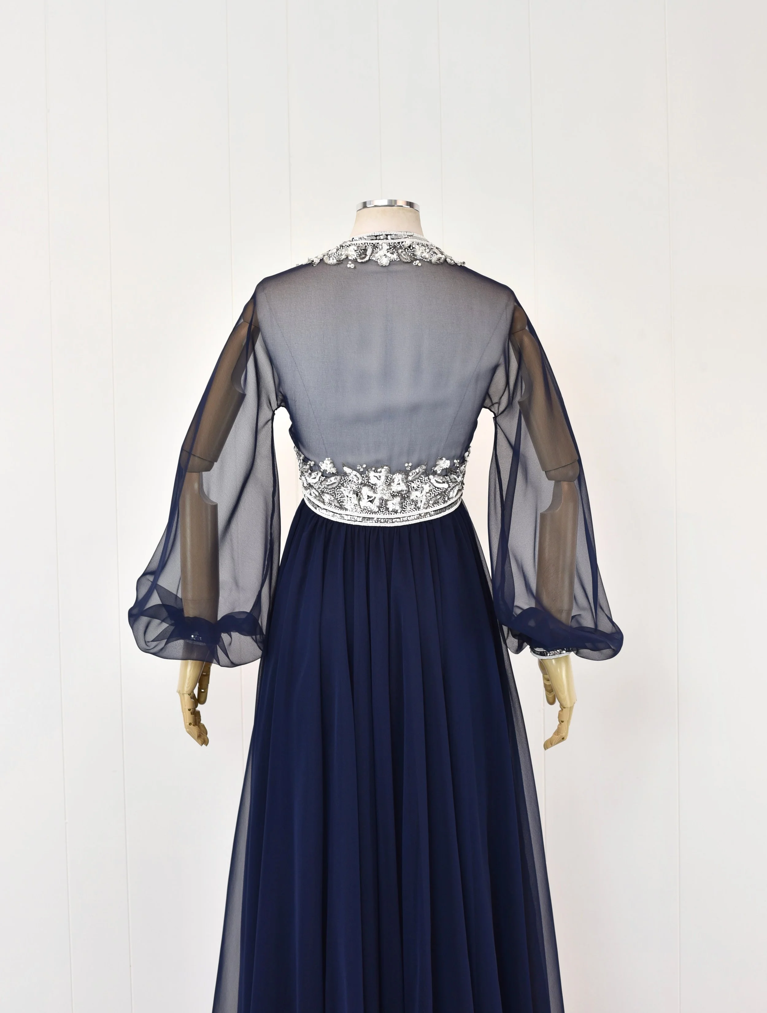 blue balloon dress Navy Blue Long Formal Dress with Sheer Sleeves Navy / 20