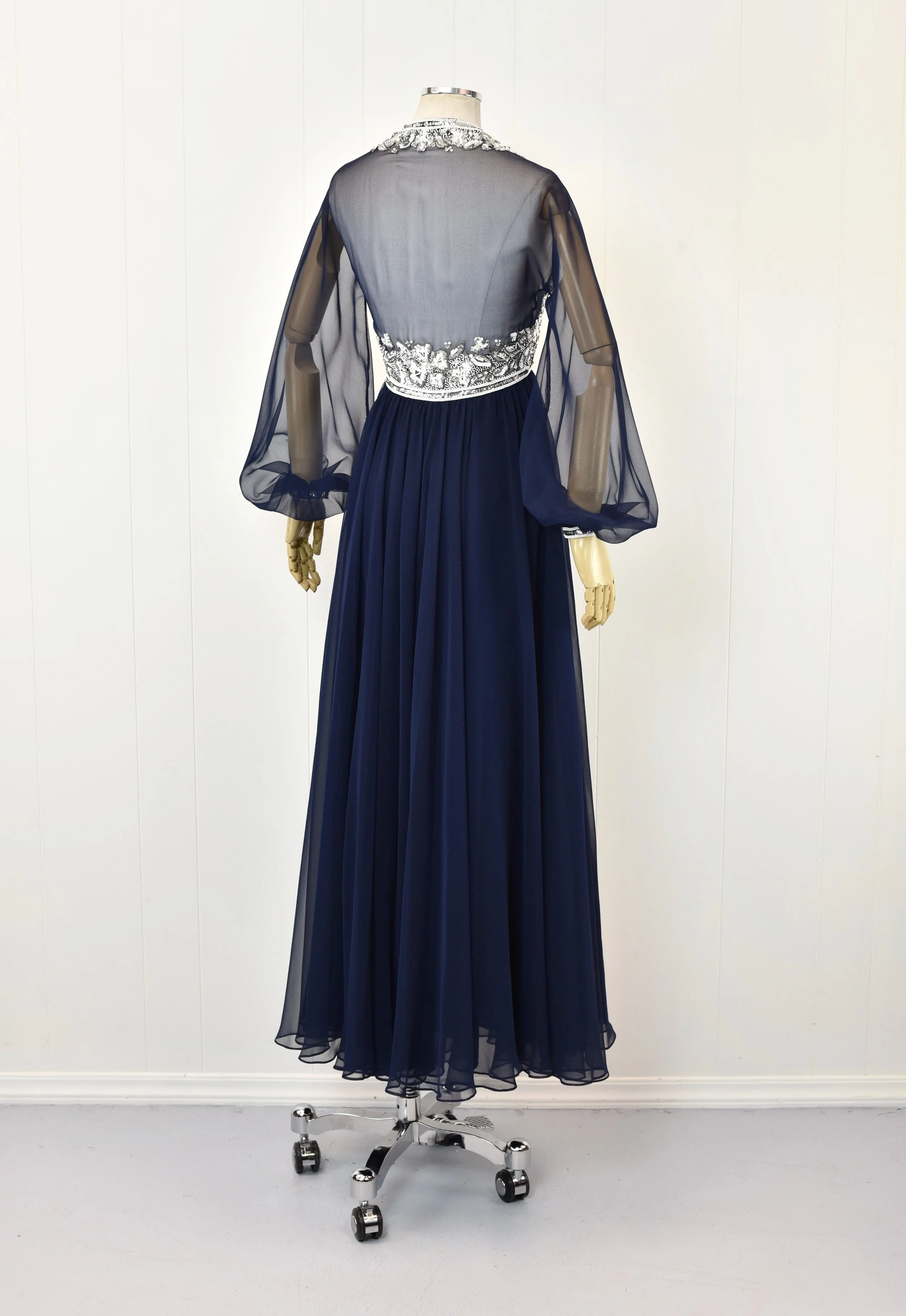 1970s Blue Beaded Sequin Balloon Sleeve Chiffon Gown Maxi Dress  Canned  Ham Vintage