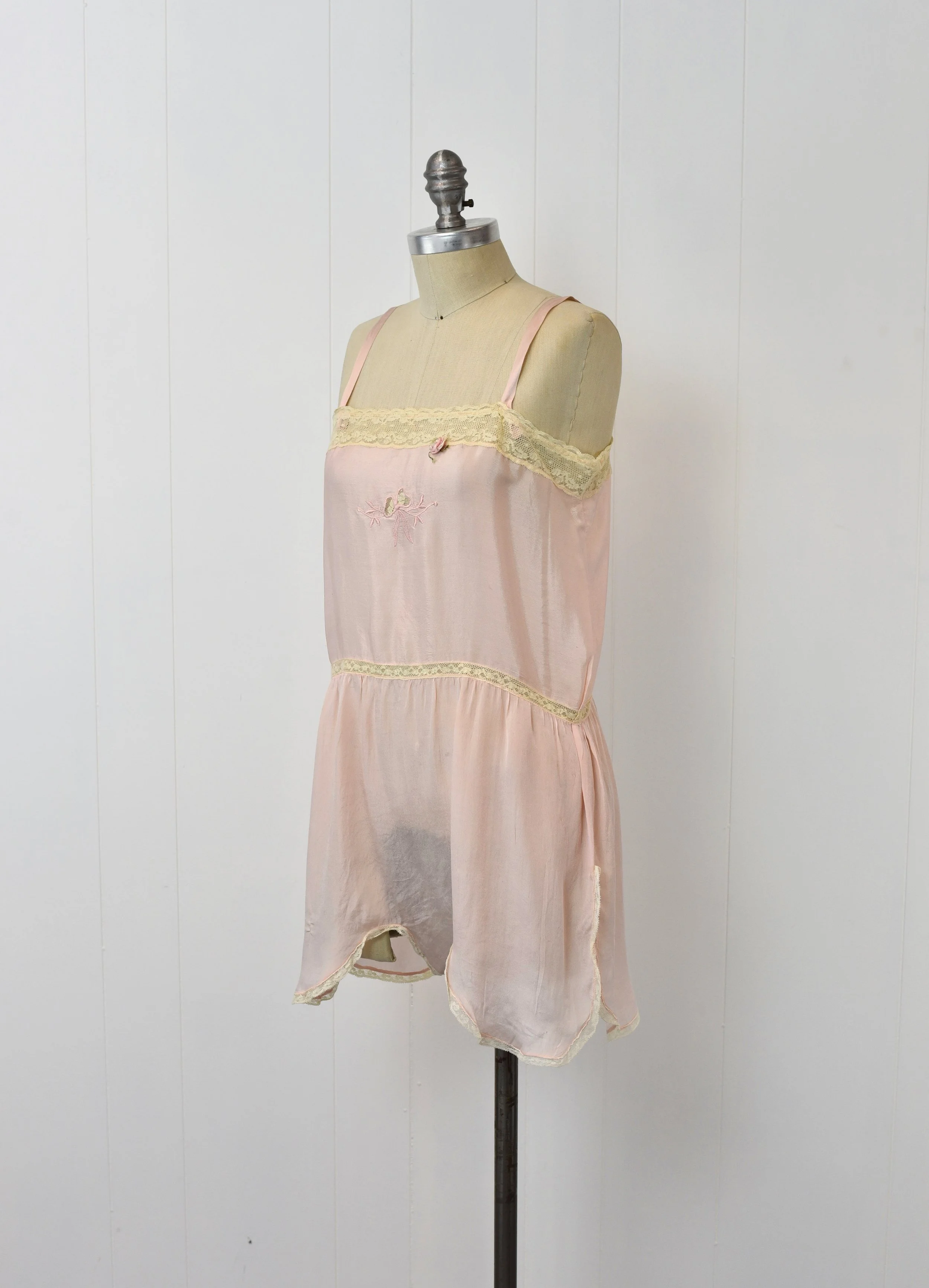 1920s Light Pink Floral Lace Embroidered One Piece Step In Flapper 