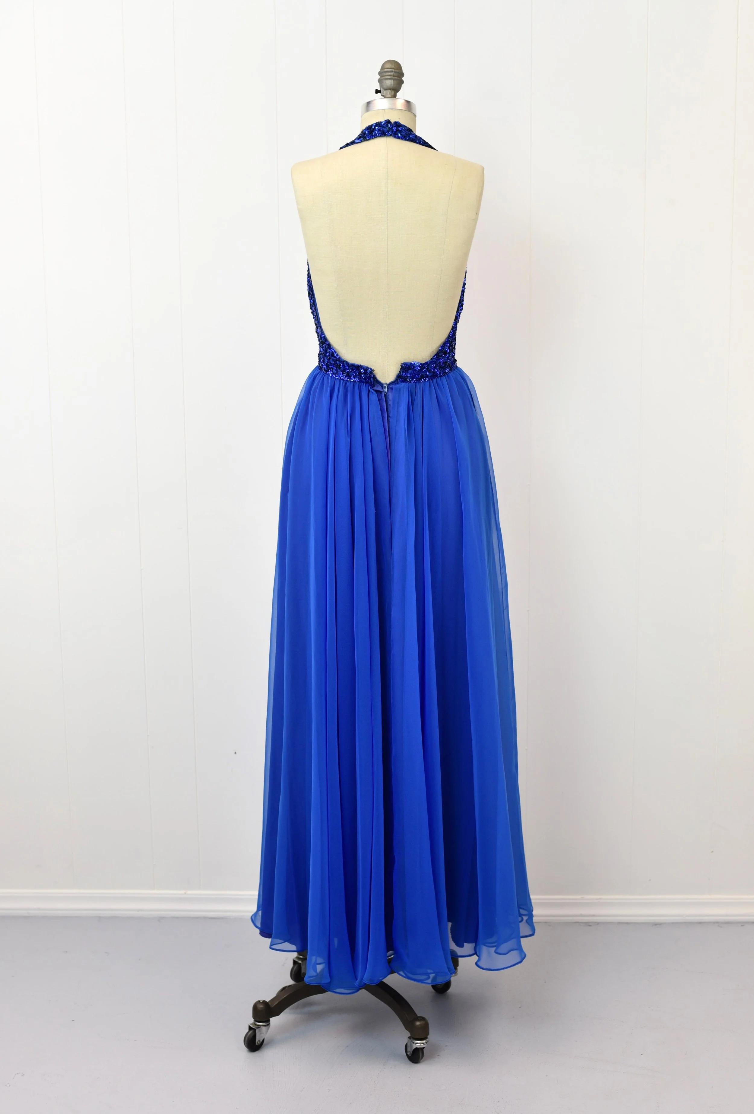 1960s blue dress 1960s Blue Chiffon Rhinestone Sequin Illusion Halter Party Gown Dress — Canned Ham Vintage