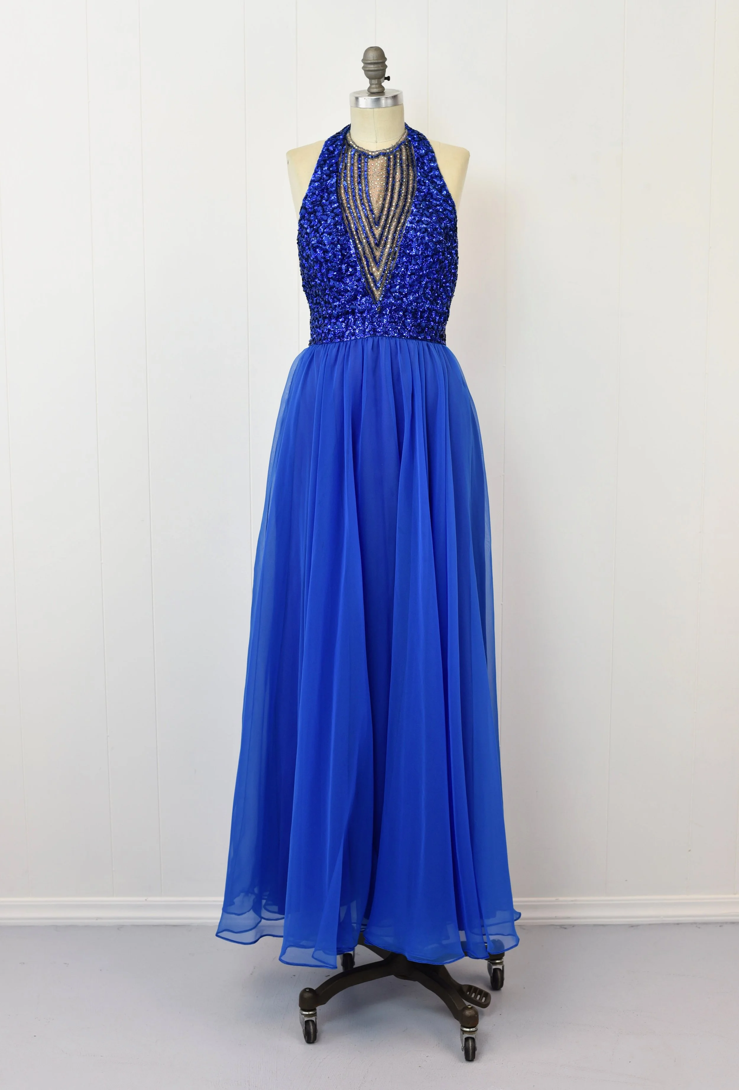 1960s Blue Chiffon Rhinestone Sequin Illusion Halter Party Gown