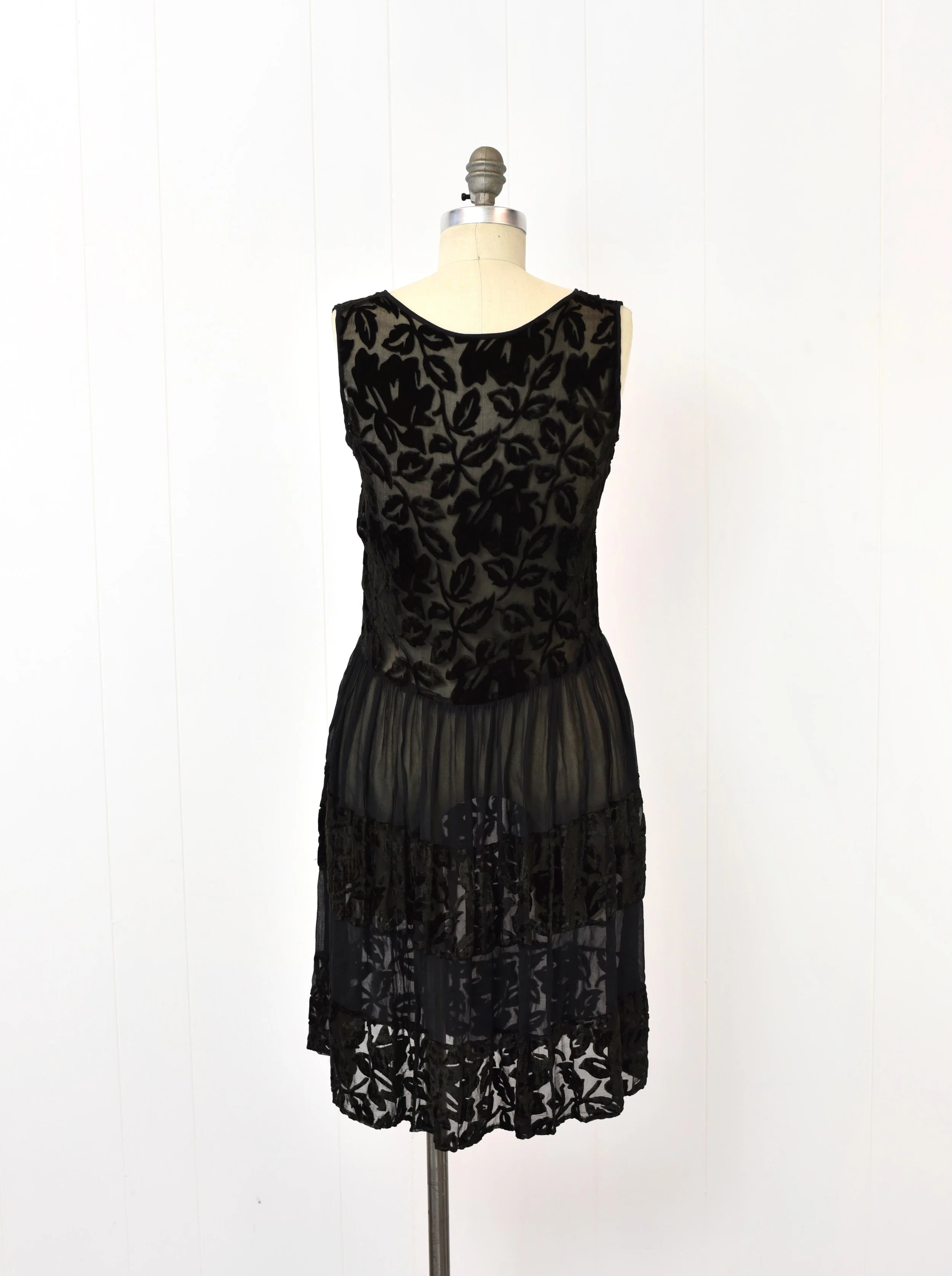 1920s Black Burnout Velvet Floral Sheer Flapper Dress  Canned Ham Vintage