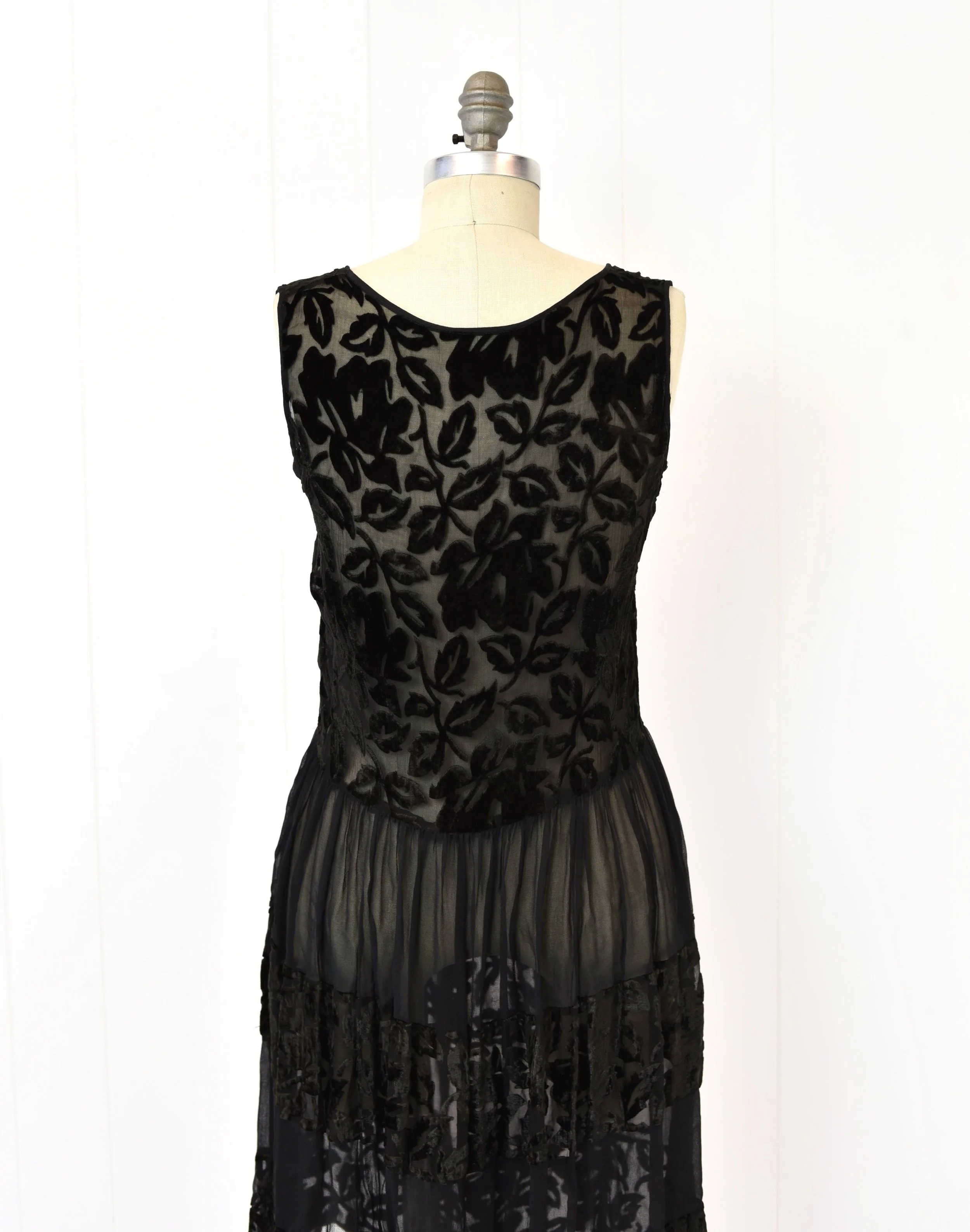 1920s Black Burnout Velvet Floral Sheer Flapper Dress  Canned Ham Vintage