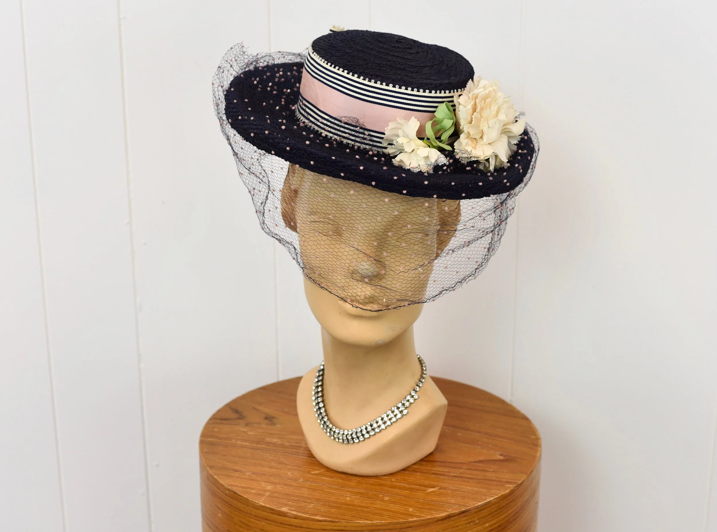1940s Blue Straw Pink Birdcage Veil Floral Tilt Doll Topper 