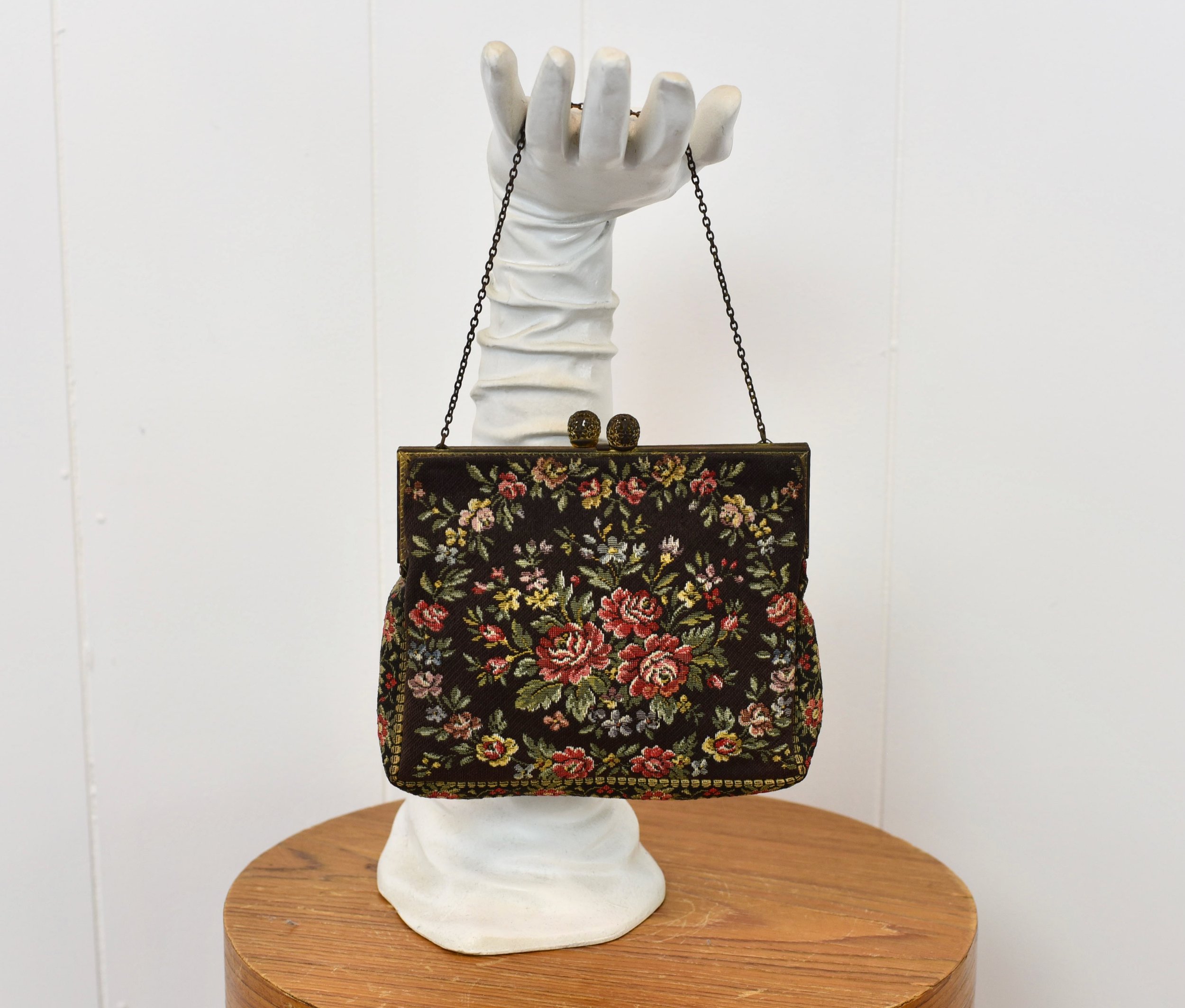 1940s/1950s French Dark Floral Needlepoint Tapestry Walborg Purse Handbag —  Canned Ham Vintage