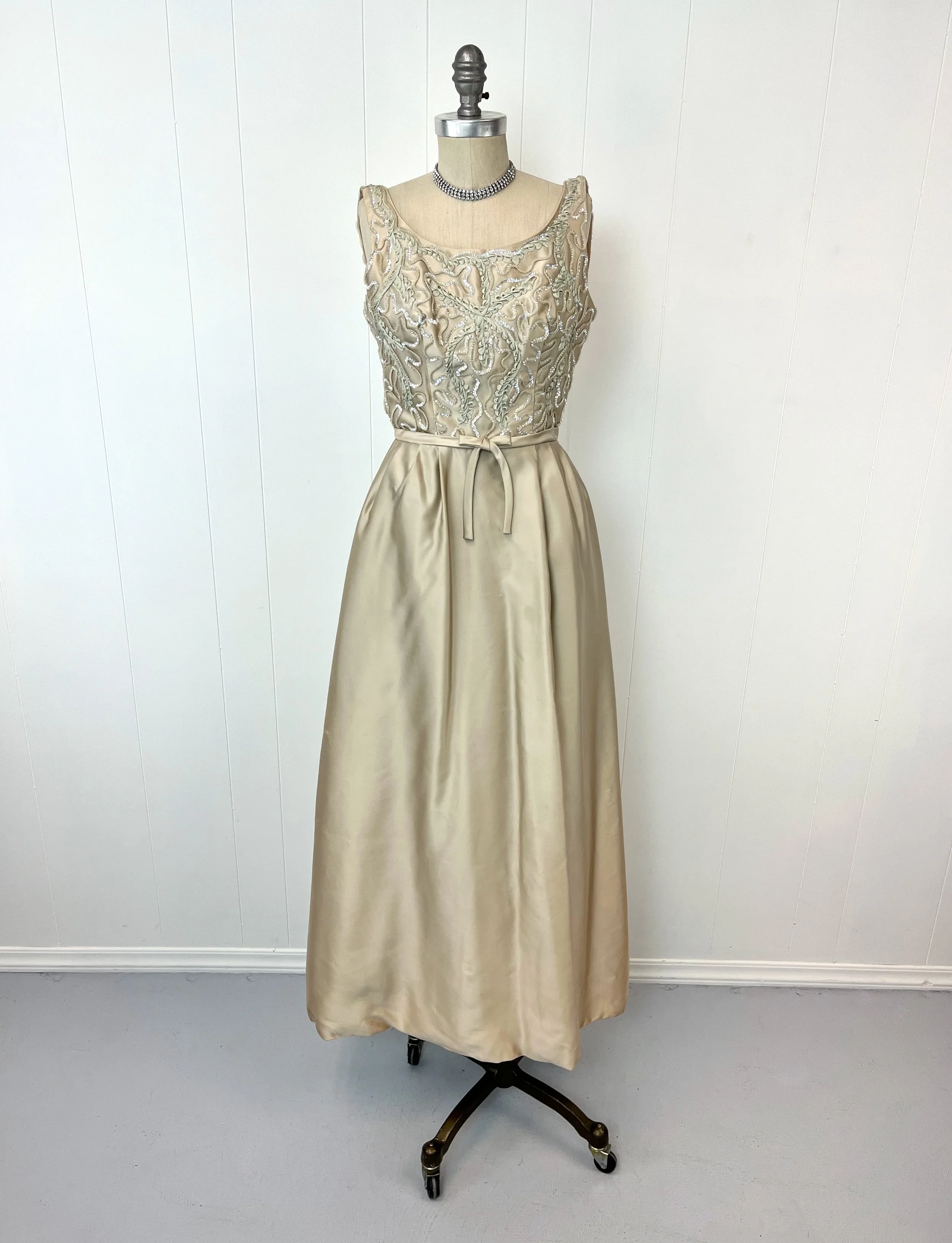 1960s Champagne Ribbon Sequin Embroidered Party Dress Gown Canned Ham Vintage 1960s Champagne Ribbon Sequin Embroidered Party Dress Gown Canned Ham Vintage