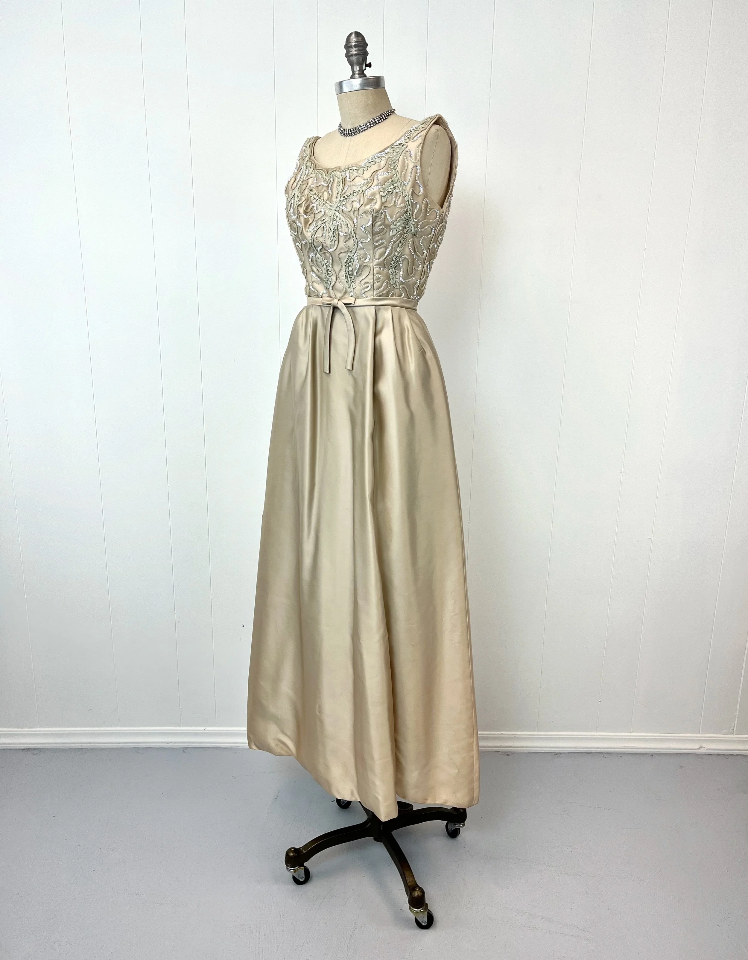 1960s Champagne Ribbon Sequin Embroidered Party Dress Gown  Canned Ham Vintage
