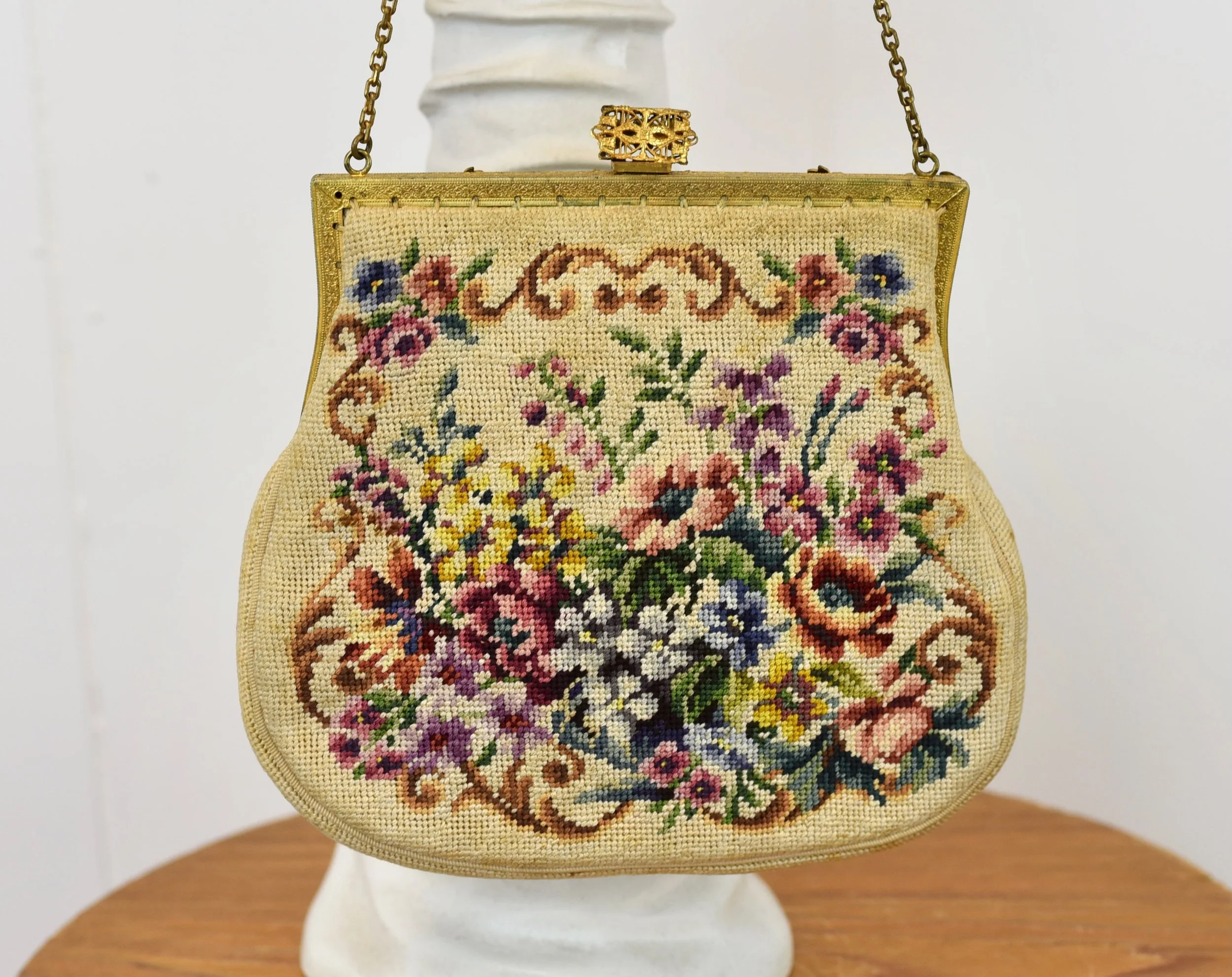 1920s/1930s Floral Needlepoint Tapestry Rhinestone Faux Pearl