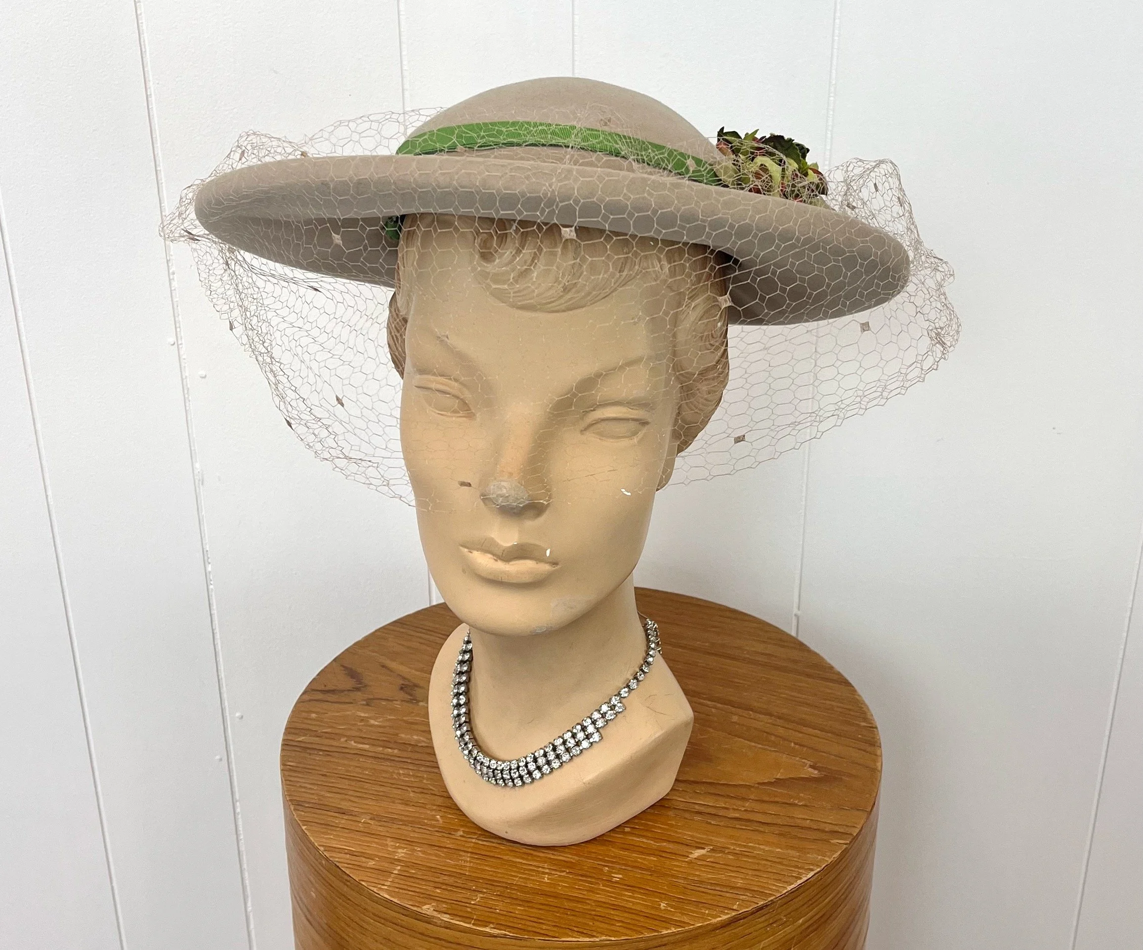 1940s/1950s Taupe Birdcage Veil Floral Felt Wide Brim Merrimac Hat