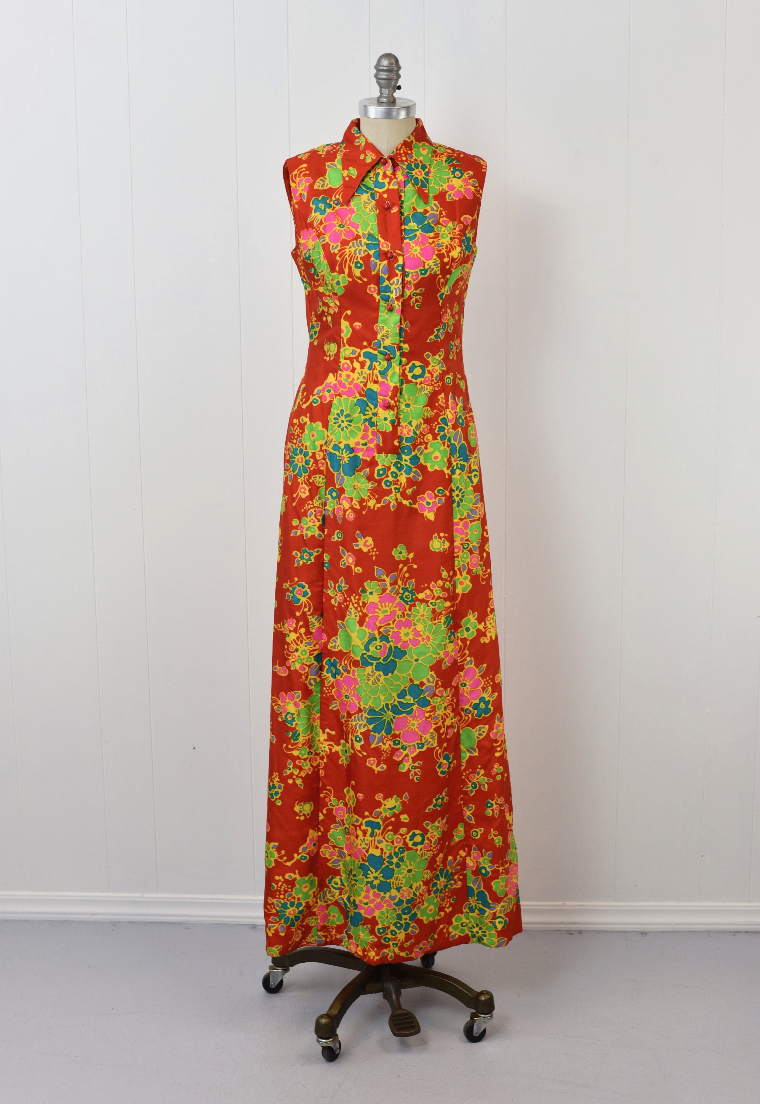 1960s Red Psychedelic Floral Flower Power Keram New York Maxi