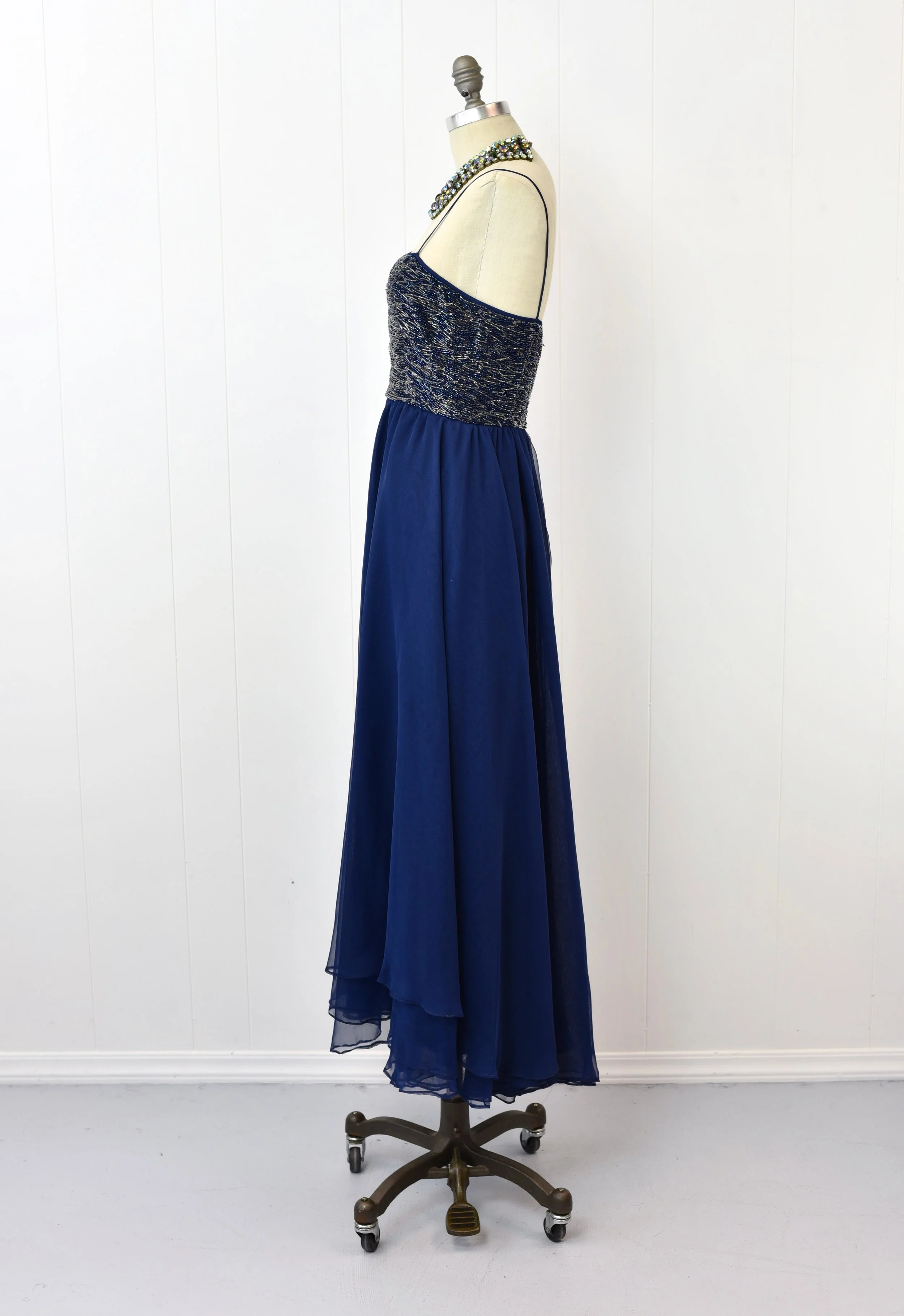 1960s Victoria Royal Midnight Navy Blue Beaded Chiffon Party Dress Gown —  Canned Ham Vintage