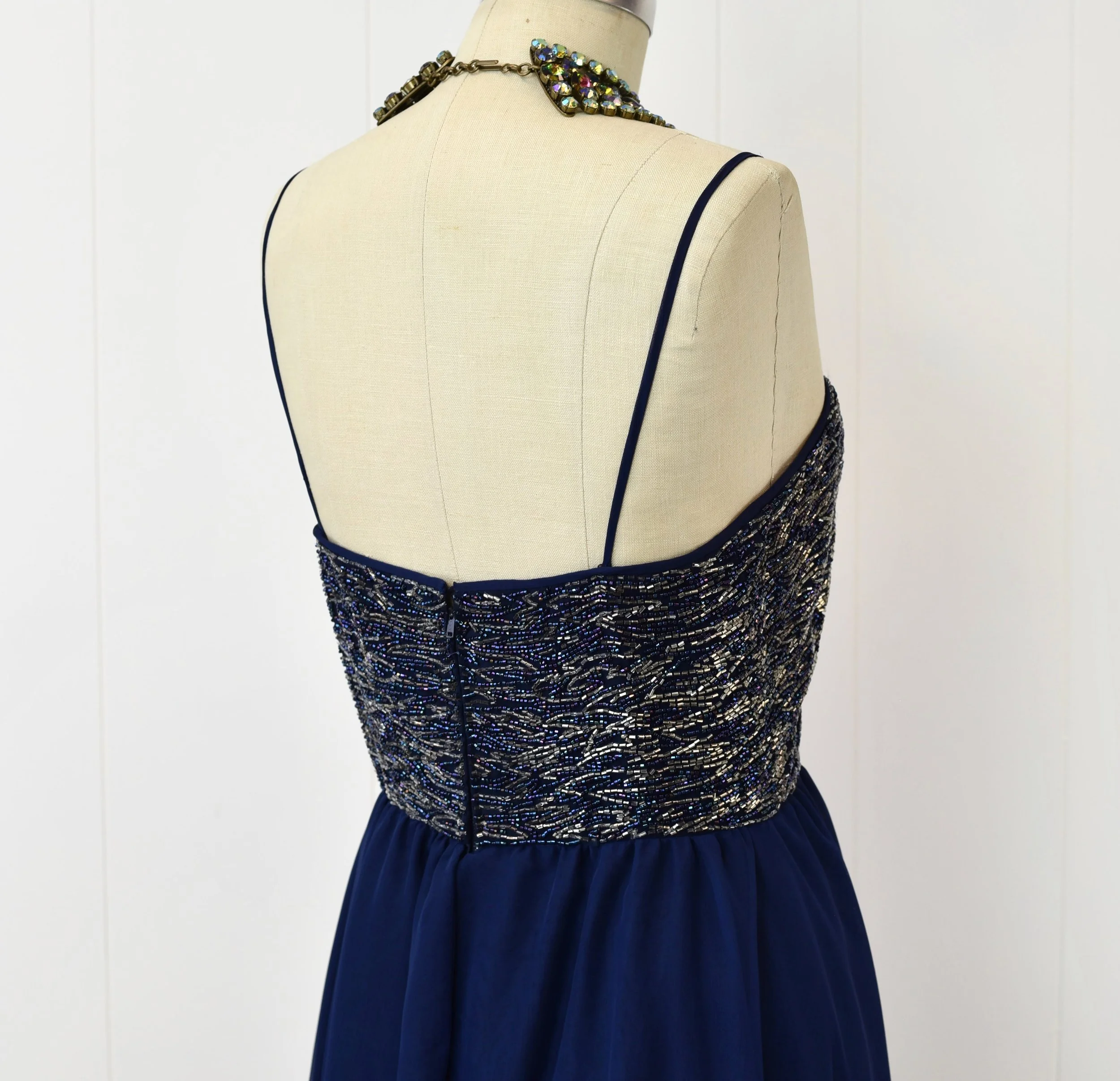 1960s Victoria Royal Midnight Navy Blue Beaded Chiffon Party Dress Gown   Canned Ham Vintage