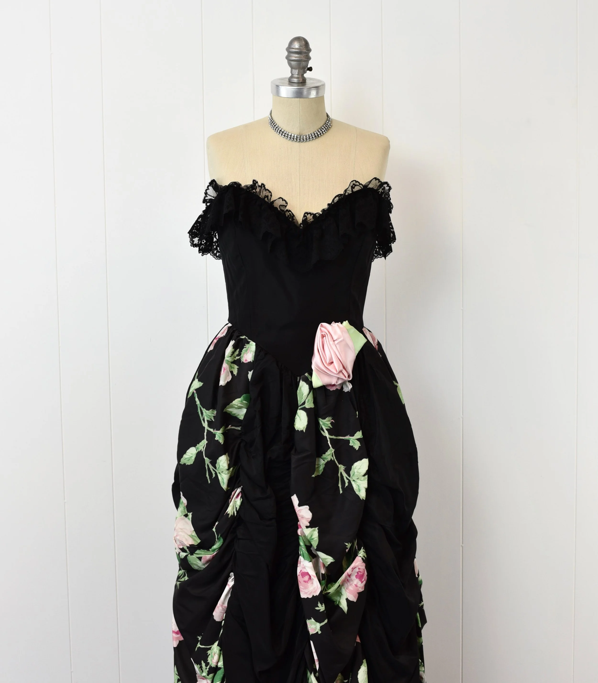1980s Floral Rose Black Lace Dramatic One of a Kind Gilded Age Victorian Inspired Party Dress Gown Canned Ham Vintage 1980s Floral Rose Black Lace Dramatic One of a Kind Gilded Age Victorian Inspired Party Dress Gown Canned Ham Vintage