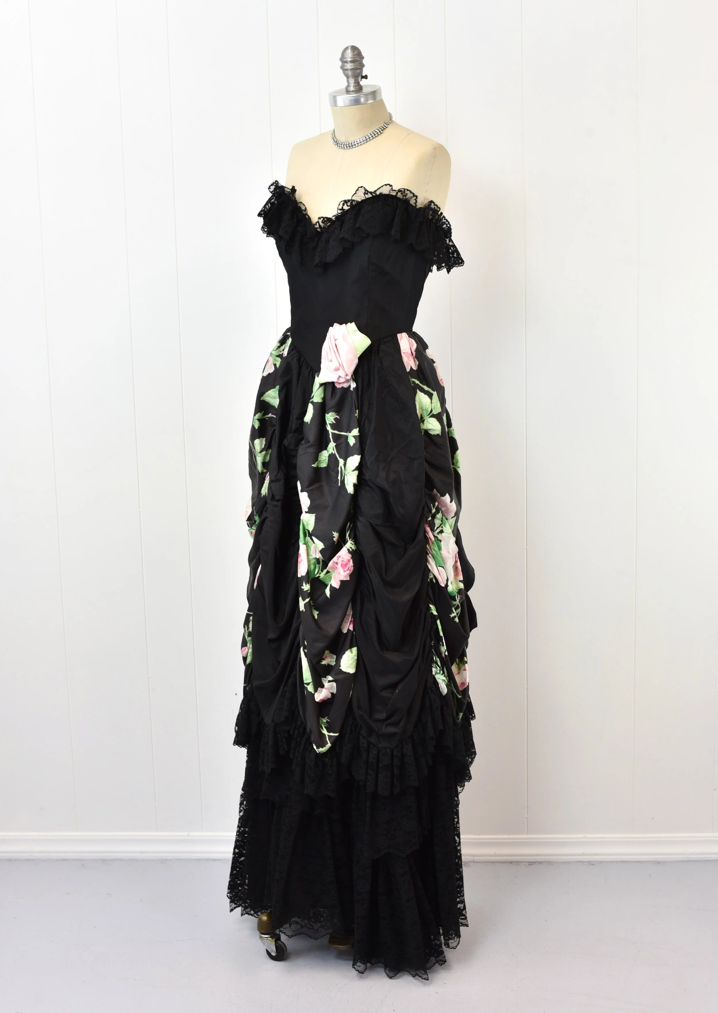 1980s Floral Rose Black Lace Dramatic One of A Kind Gilded Age Victorian Inspired Party Dress Gown  Canned Ham Vintage