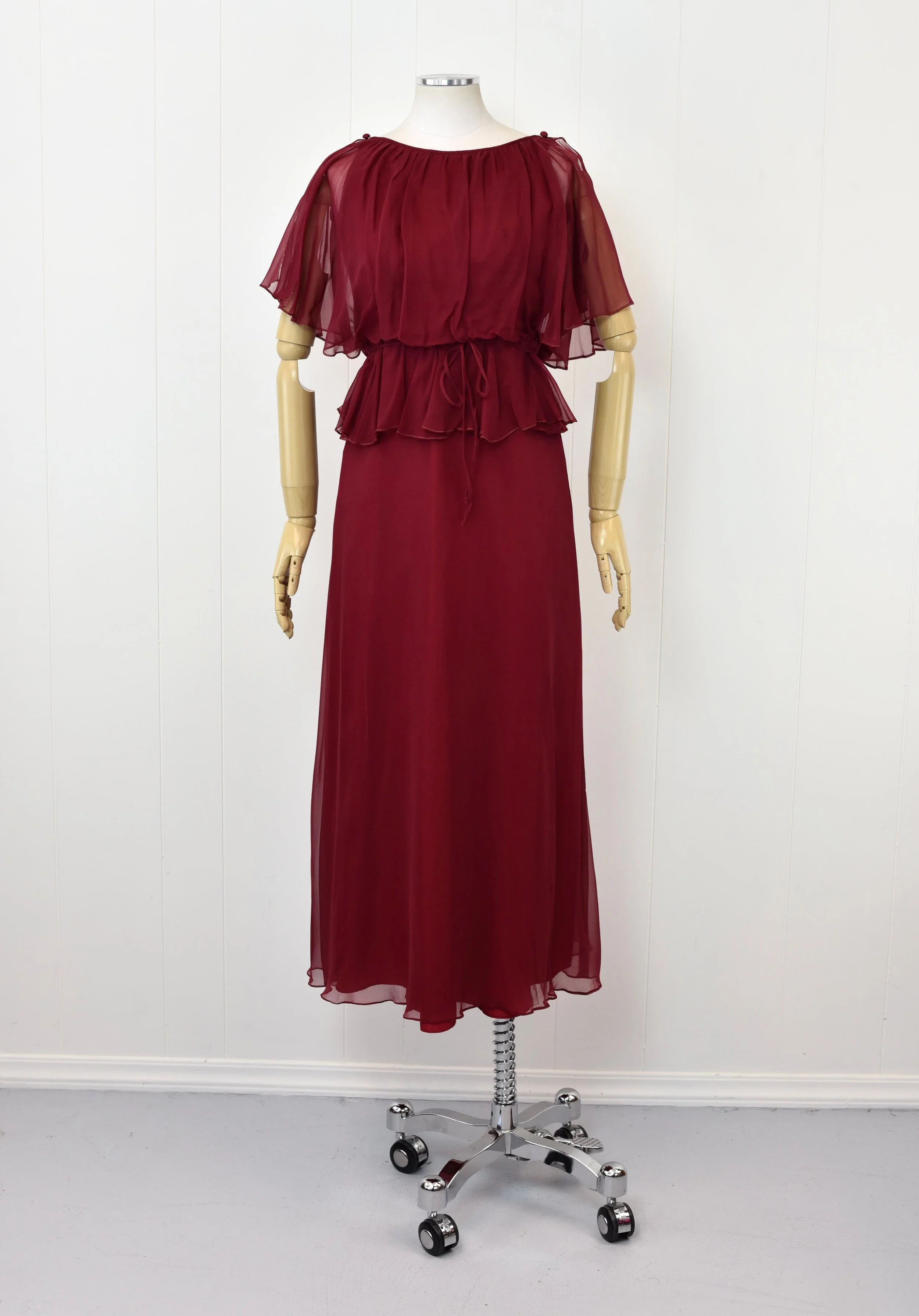 1970s Burgundy Bordeaux Dark Red Chiffon Flutter Sleeve Party Dress Gown  Canned Ham Vintage