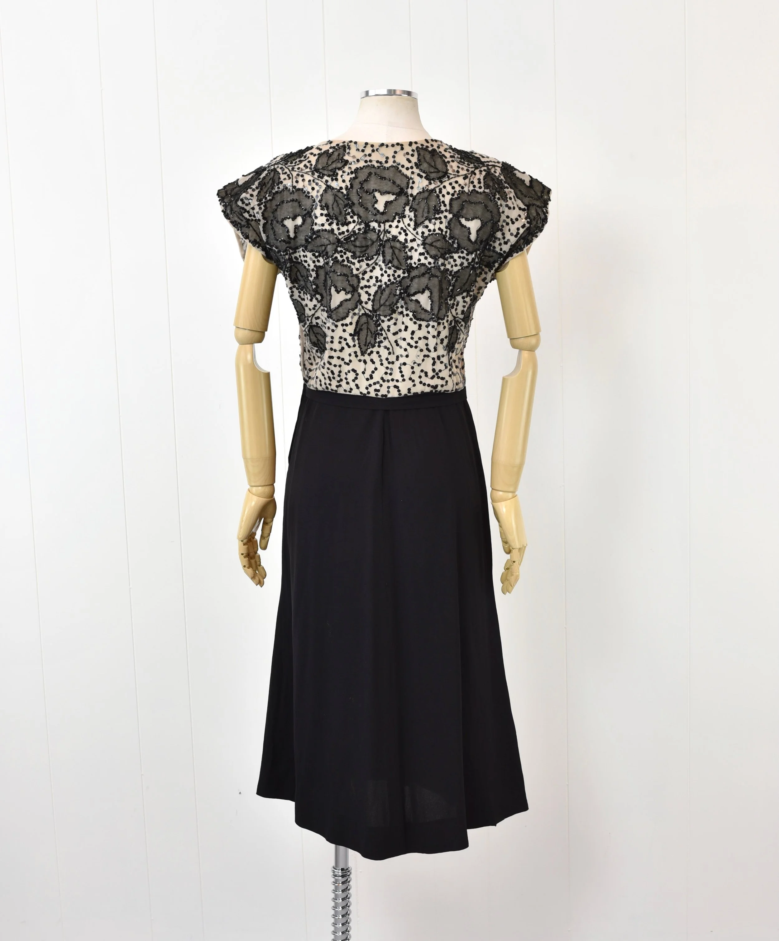 1940s Black Sequin Floral Beaded Nude Illusion Neckline Femme Fatale Noir Pinup  Dress  Canned Ham Vintage