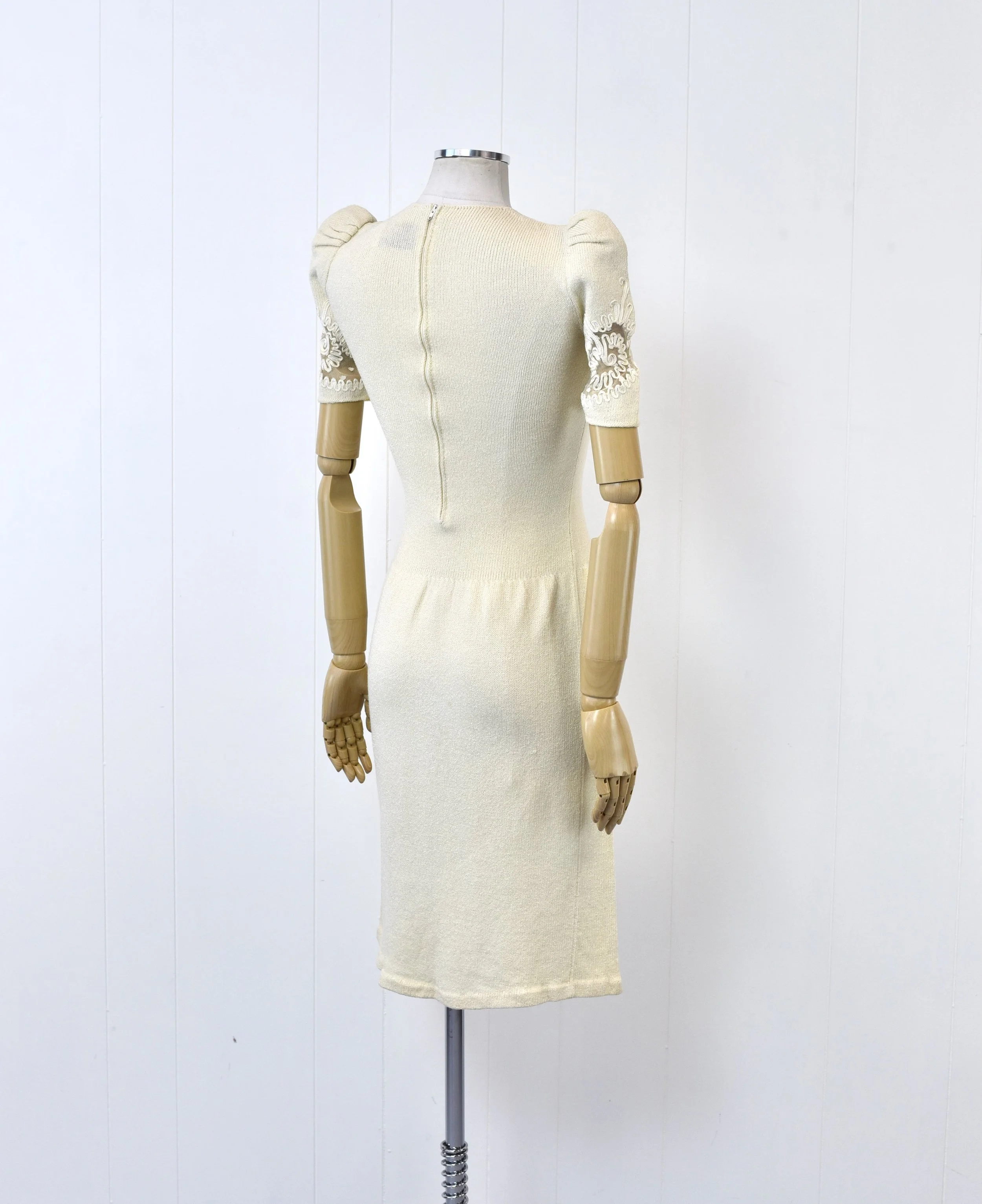 1980s Adolfo Ivory Cream Lace Soutache Puff Sleeve Wool Wiggle Dress   Canned Ham Vintage