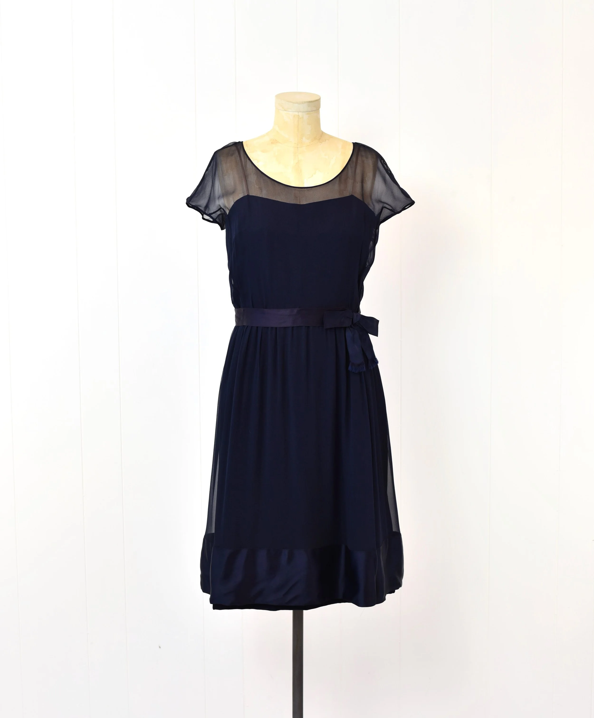 1960s Malcolm Starr Midnight Navy Dark Blue Chiffon Illusion Sheer Neckline Party Cocktail Dress  Canned Ham Vintage