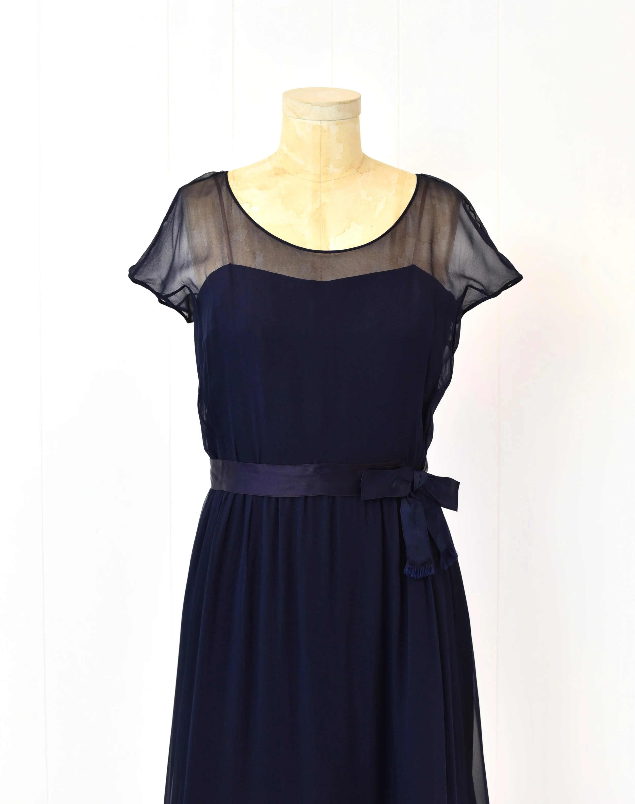 1960s Malcolm Starr Midnight Navy Dark Blue Chiffon Illusion Sheer Neckline Party Cocktail Dress Canned Ham Vintage 1960s Malcolm Starr Midnight Navy Dark Blue Chiffon Illusion Sheer Neckline Party Cocktail Dress Canned Ham Vintage