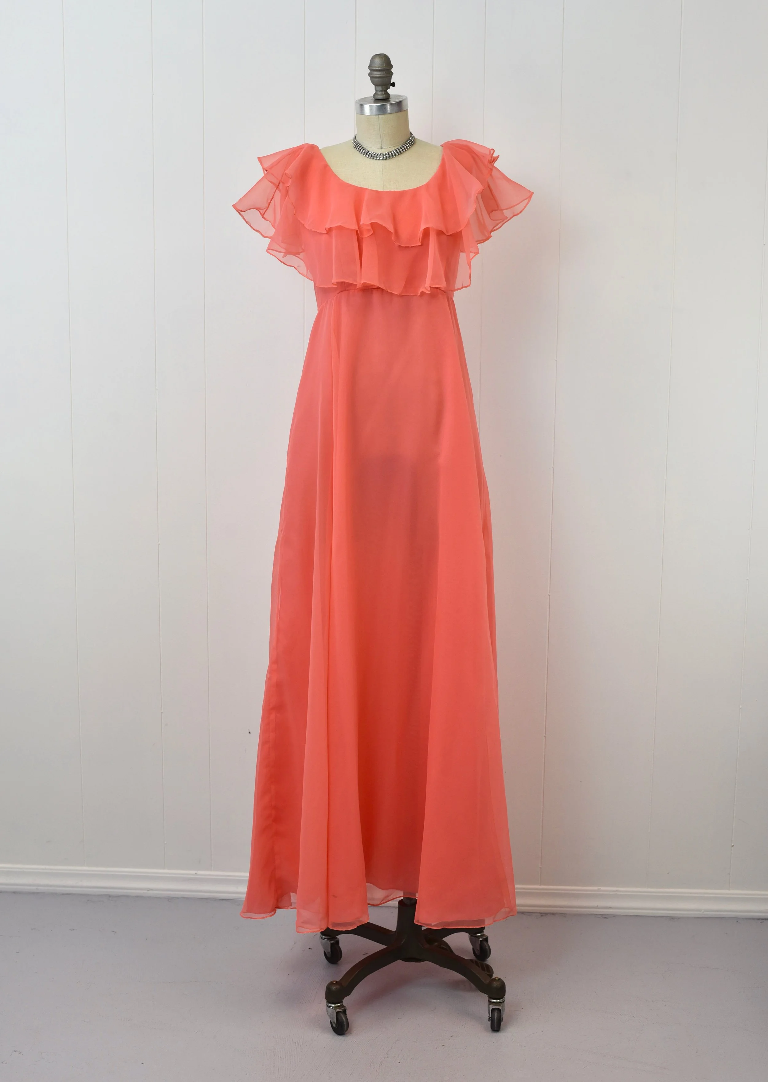 chinese dress ladies Coral and Ivory Chiffon Maxi Dress with Nude V-Neck Insert – R&M Richards