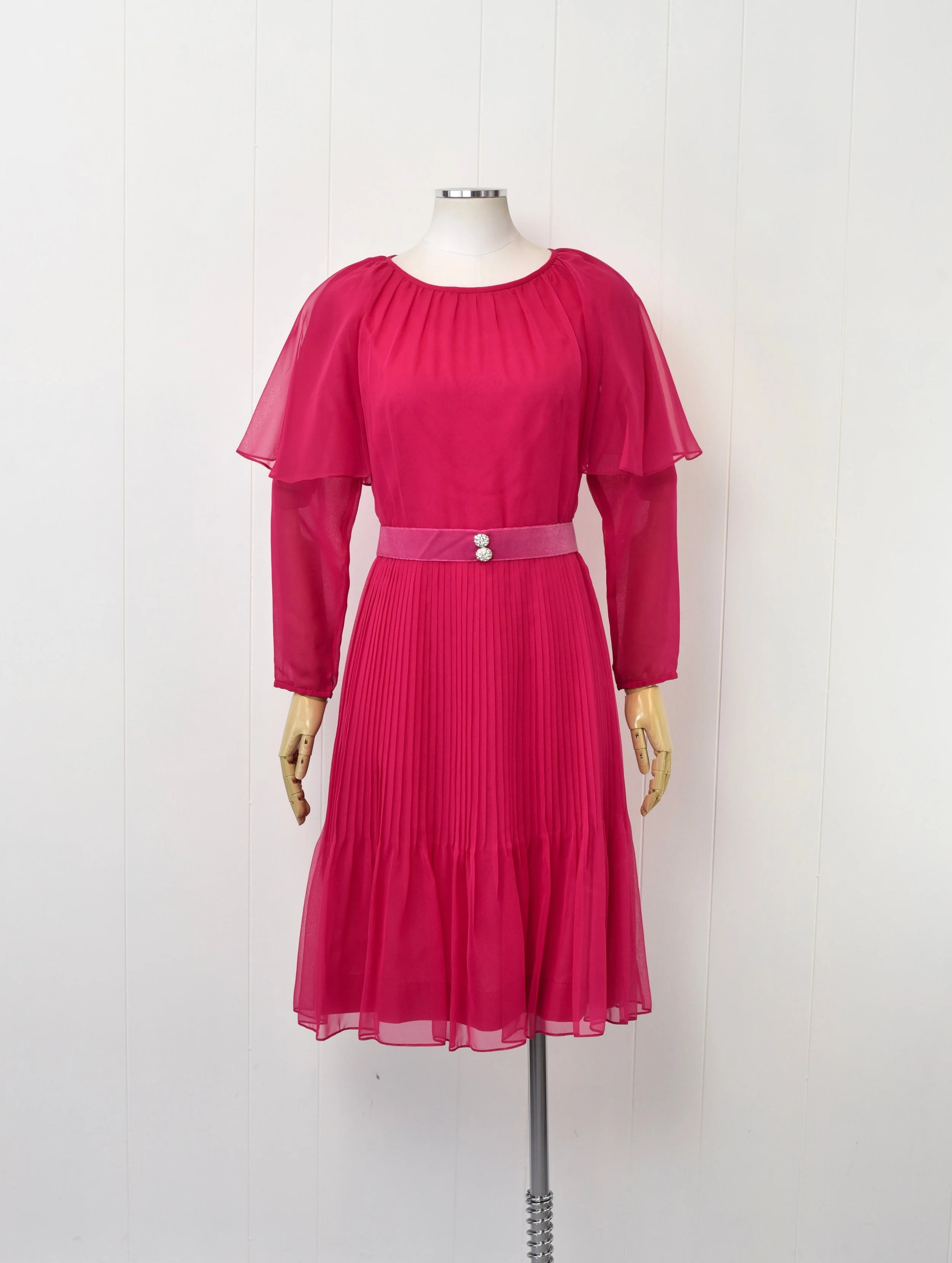 1960s Hot Pink Chiffon Pleated Rhinestone Robert Dorland London Party Dress   Canned Ham Vintage