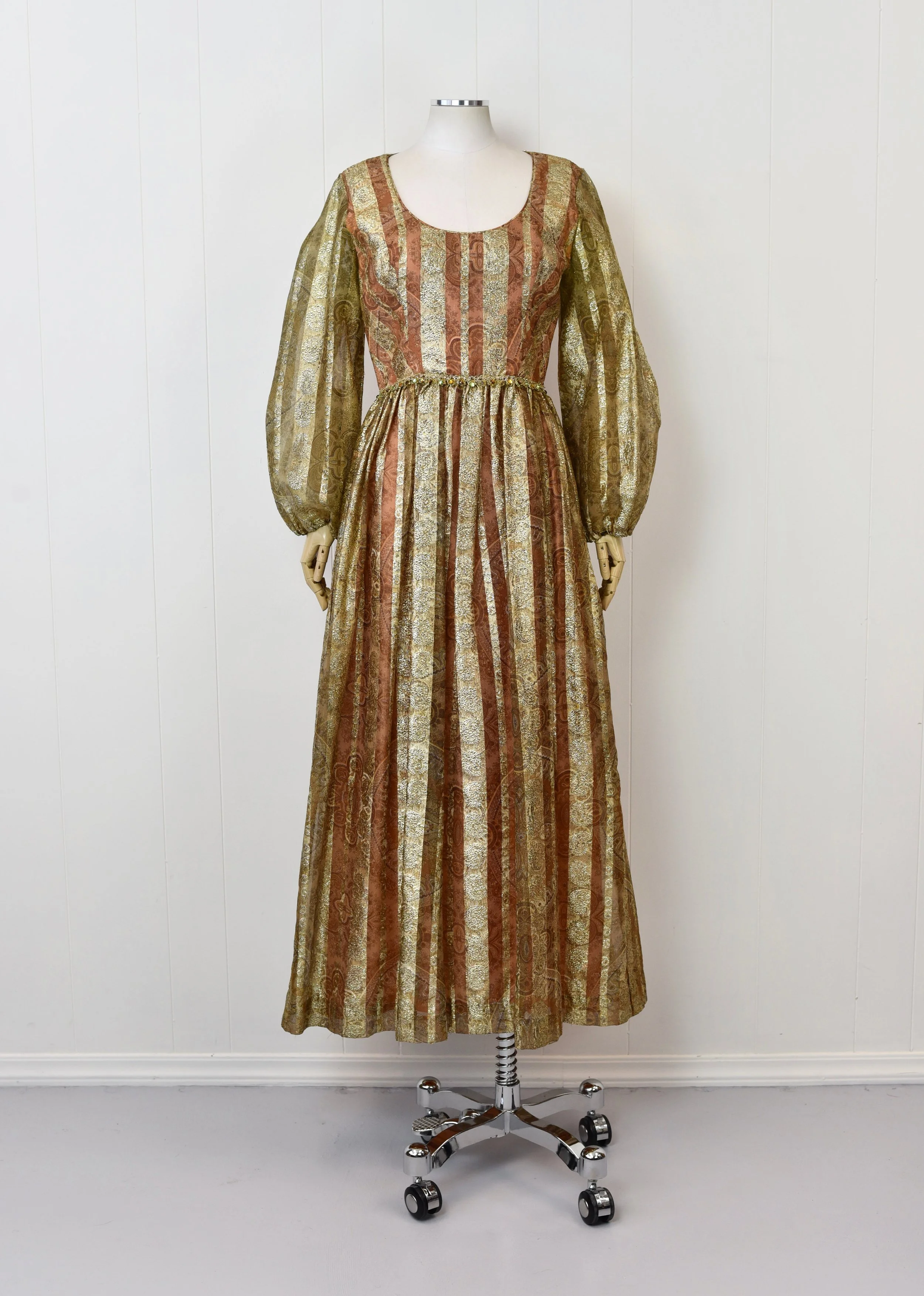1960s Metallic Brocade Rhinestone Striped Paisley Gold Balloon Sleeve Maxi Dress Party Gown Canned Ham Vintage 1960s Metallic Brocade Rhinestone Striped Paisley Gold Balloon Sleeve Maxi Dress Party Gown Canned Ham Vintage