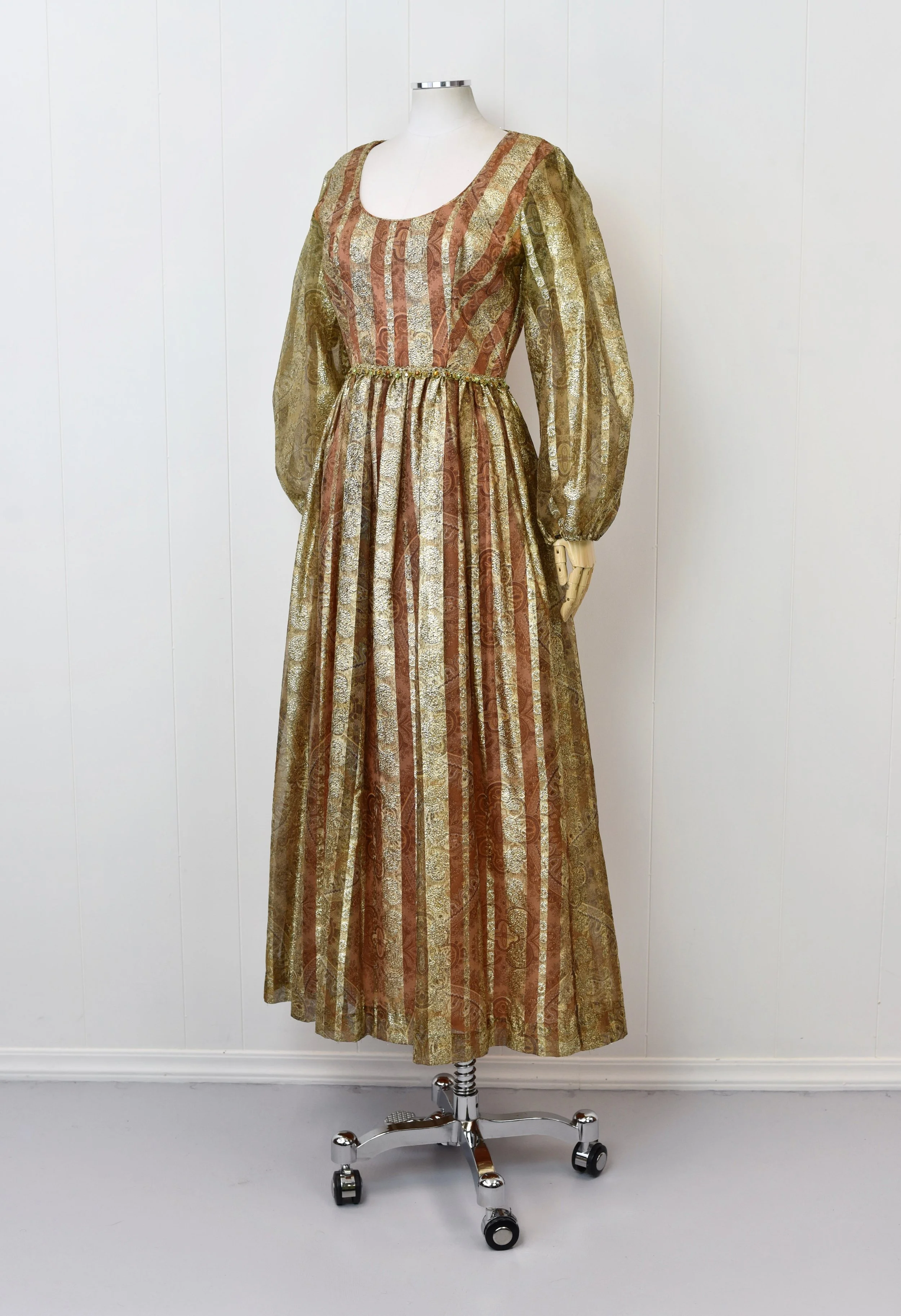 1960s Metallic Brocade Rhinestone Striped Paisley Gold Balloon Sleeve Maxi Dress Party Gown Canned Ham Vintage 1960s Metallic Brocade Rhinestone Striped Paisley Gold Balloon Sleeve Maxi Dress Party Gown Canned Ham Vintage
