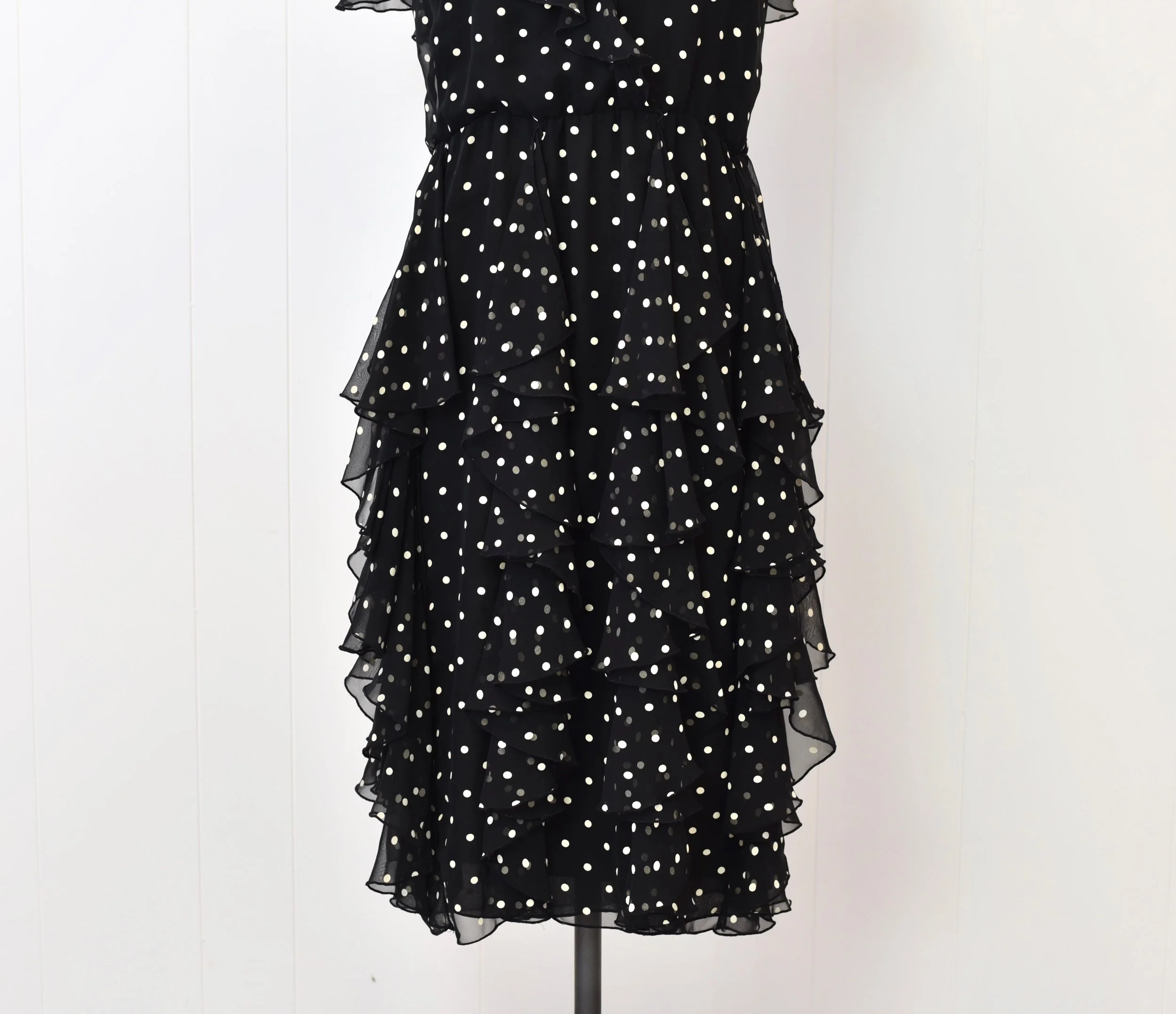 1980s Polka Dot Black White Ruffle Chiffon Pat Richards Party Dress —  Canned Ham Vintage