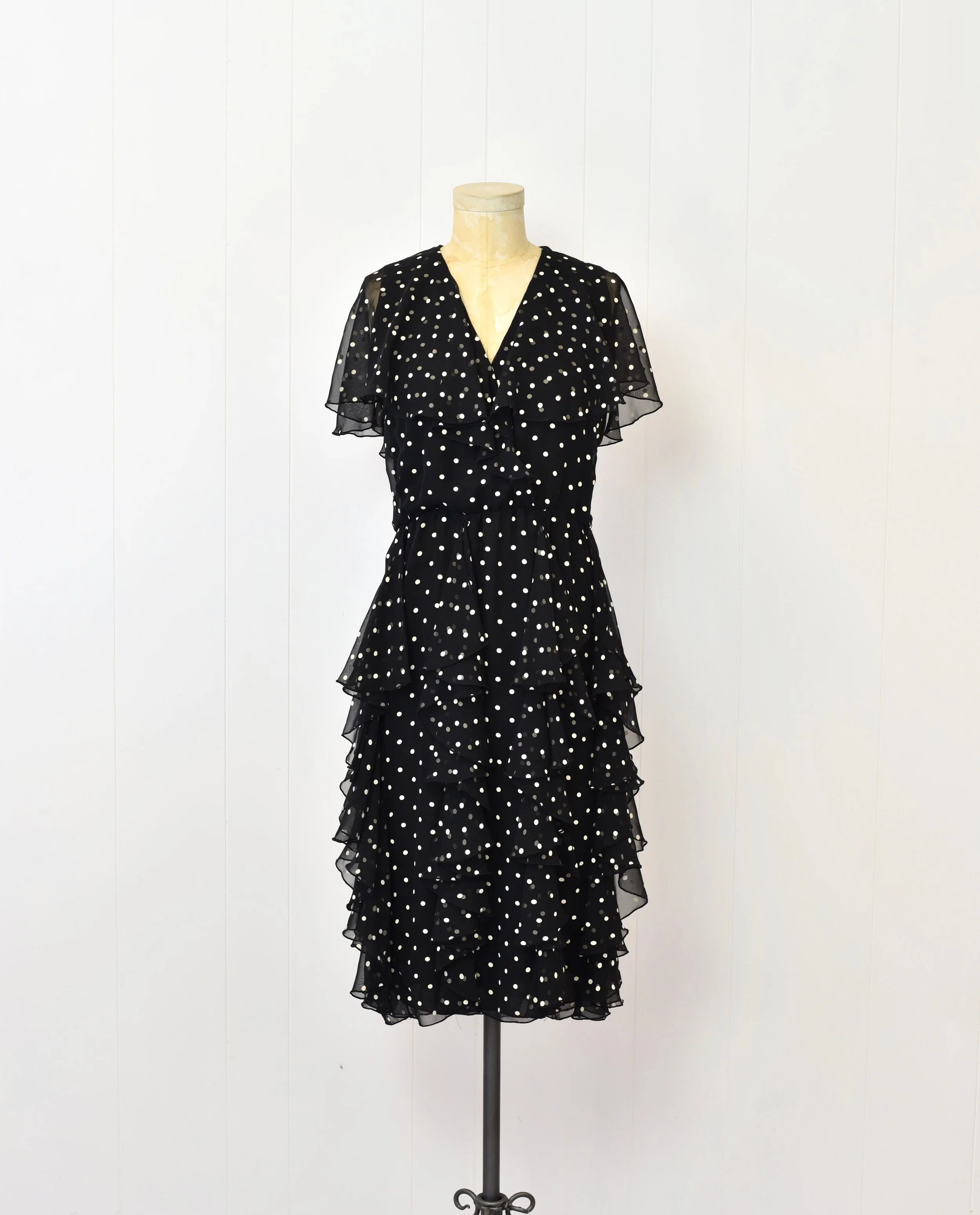 1980s Polka Dot Black White Ruffle Chiffon Pat Richards Party Dress  Canned Ham Vintage