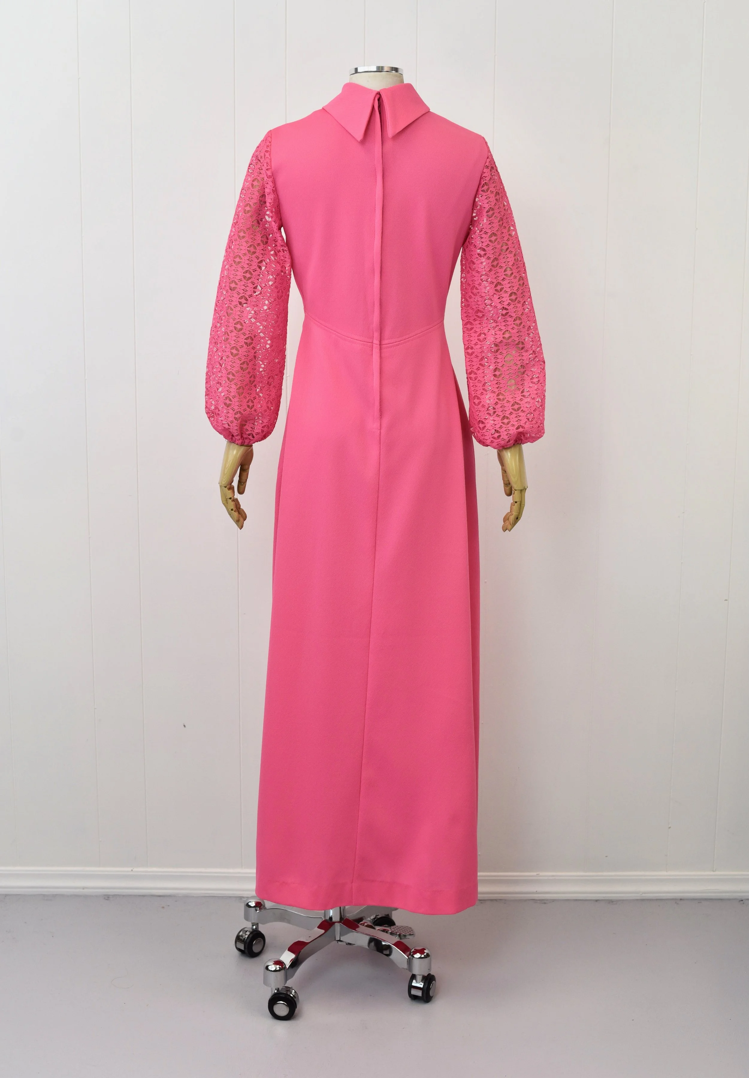 1970s Hot Pink Lace Balloon Sleeve Barbie Maxi Dress Gown  Canned Ham  Vintage