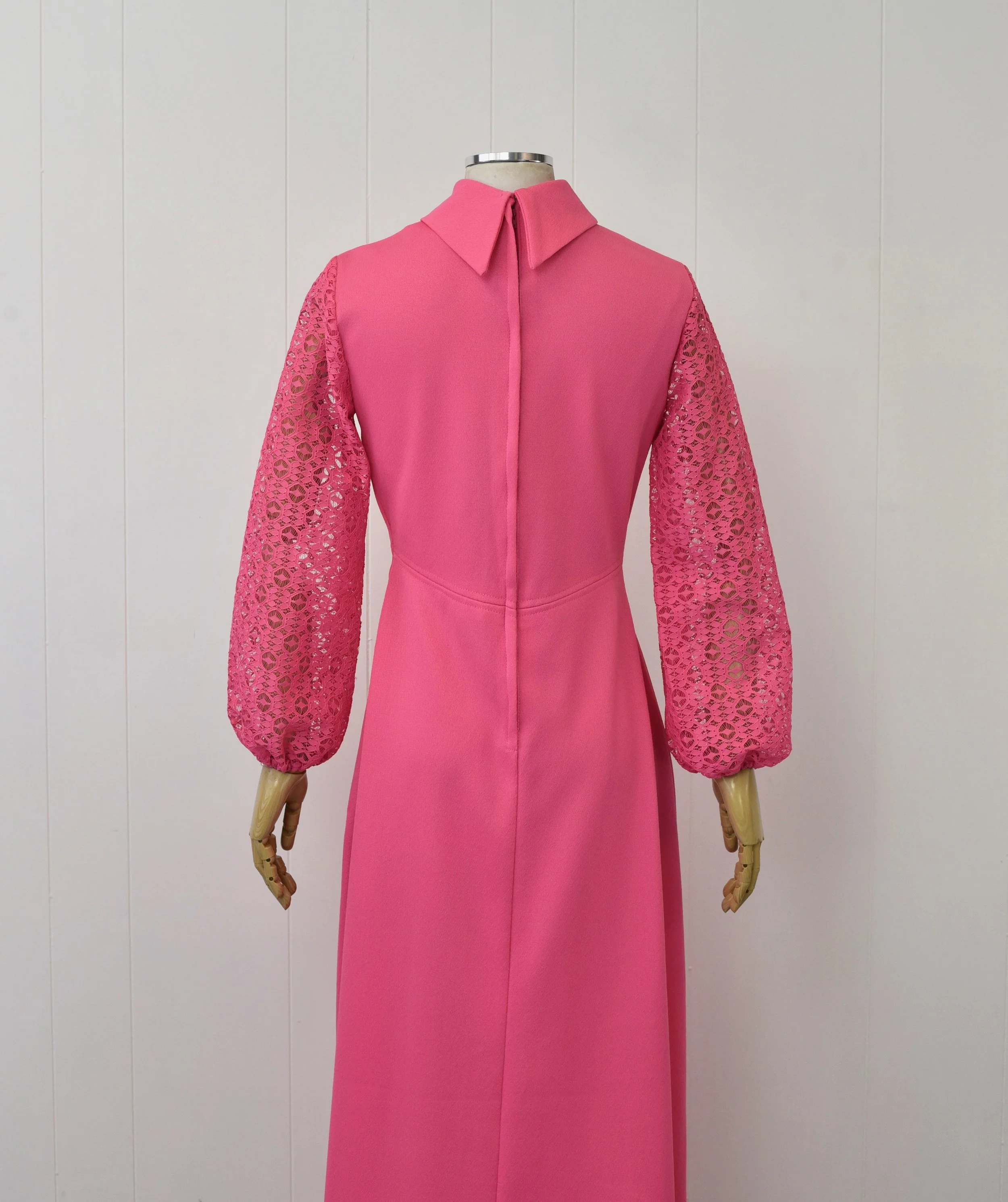 1970s Hot Pink Lace Balloon Sleeve Barbie Maxi Dress Gown  Canned Ham  Vintage