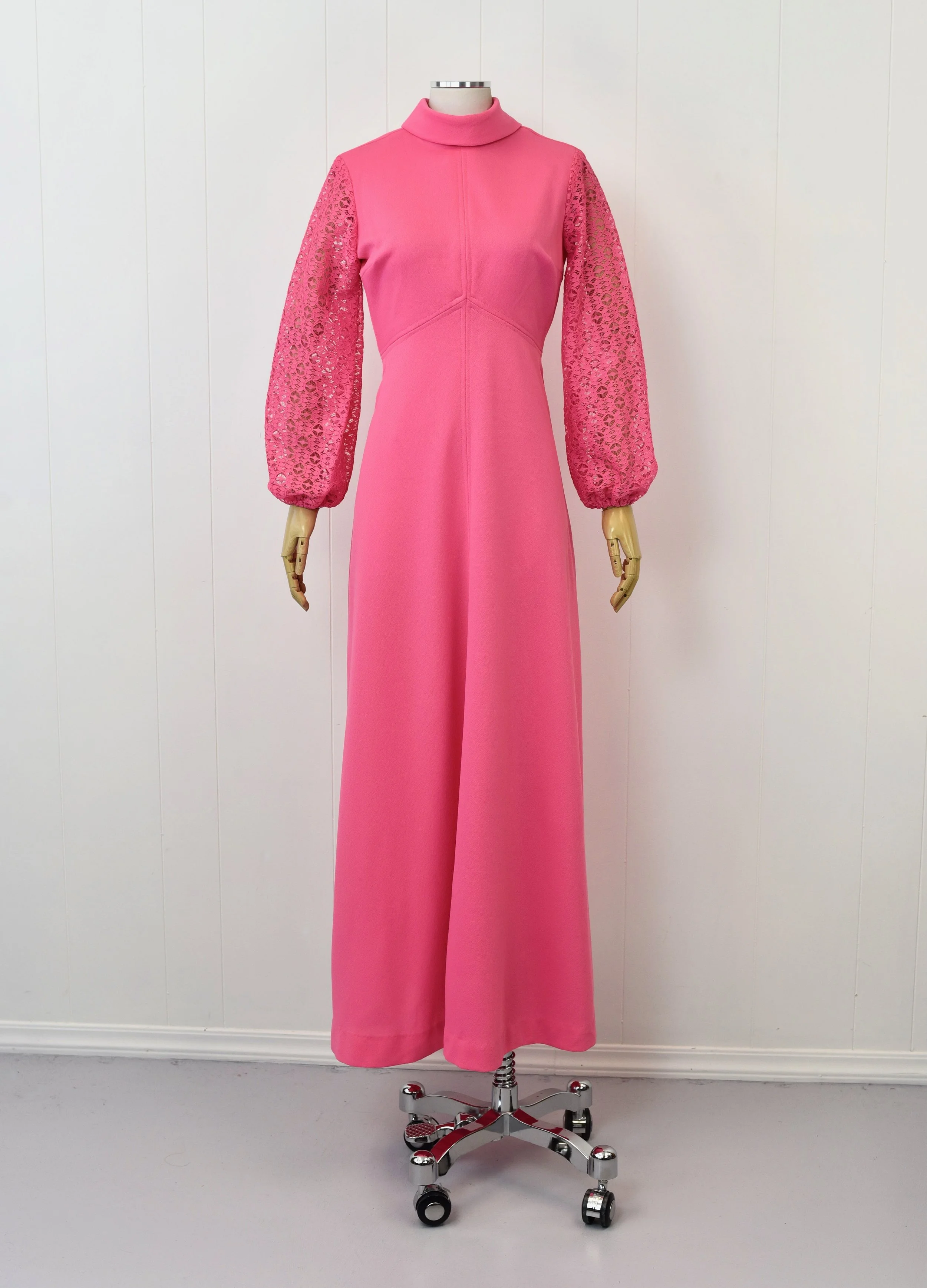 1970s Hot Pink Lace Balloon Sleeve Barbie Maxi Dress Gown — Canned Ham  Vintage, image size:2500x3474