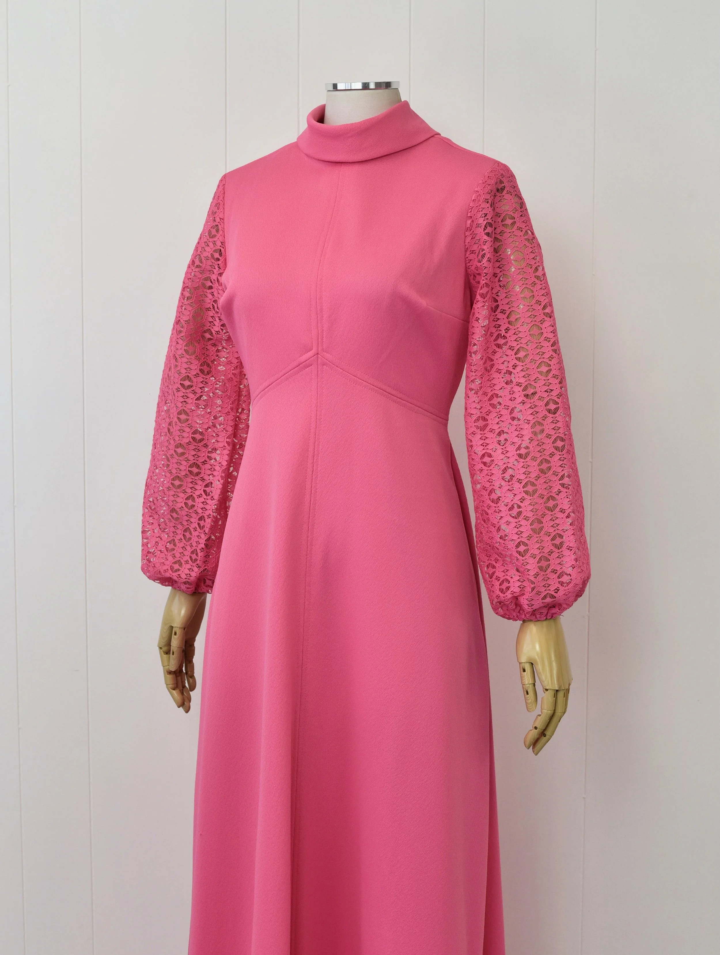 1970s Hot Pink Lace Balloon Sleeve Barbie Maxi Dress Gown  Canned Ham  Vintage