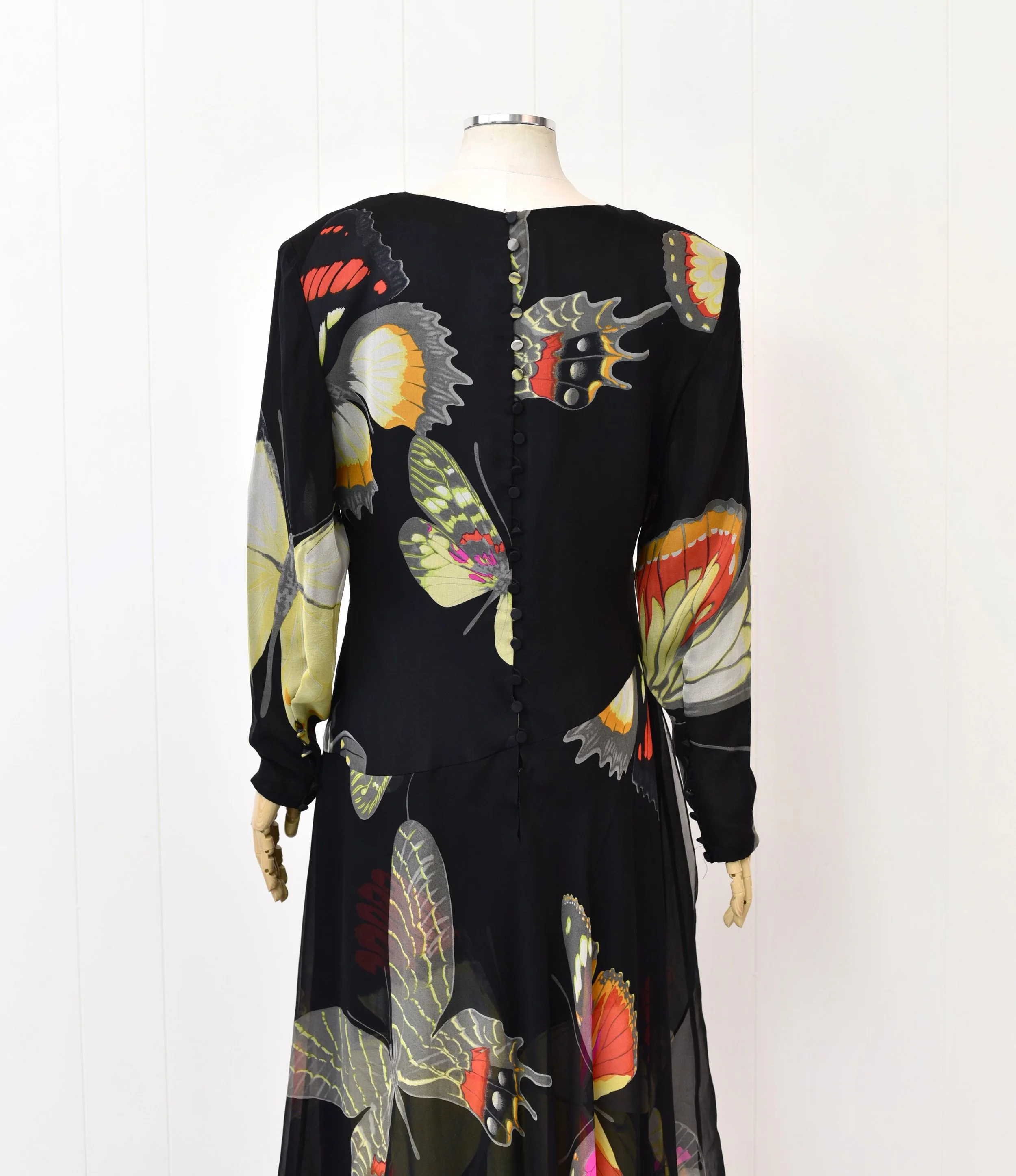 1980s Hanae Mori Butterfly Novelty Print Black Asymmetrical Silk