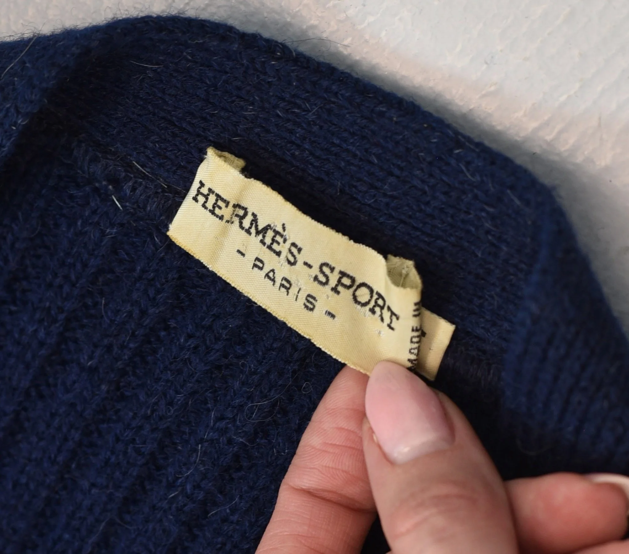 1980s Hermès Sport Navy Blue Wool Mohair Black Leather Trim 