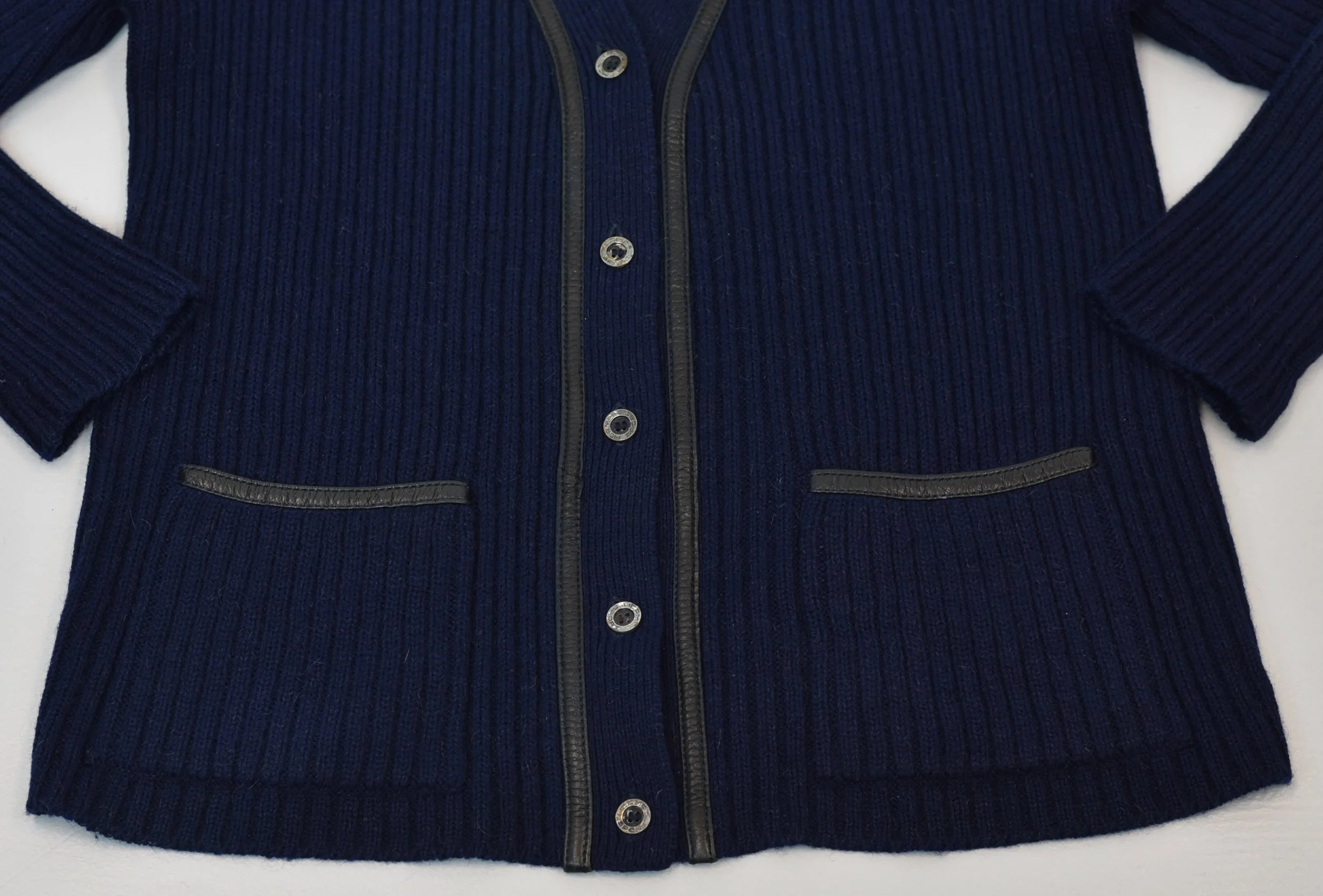 1980s Hermès Sport Navy Blue Wool Mohair Black Leather Trim 