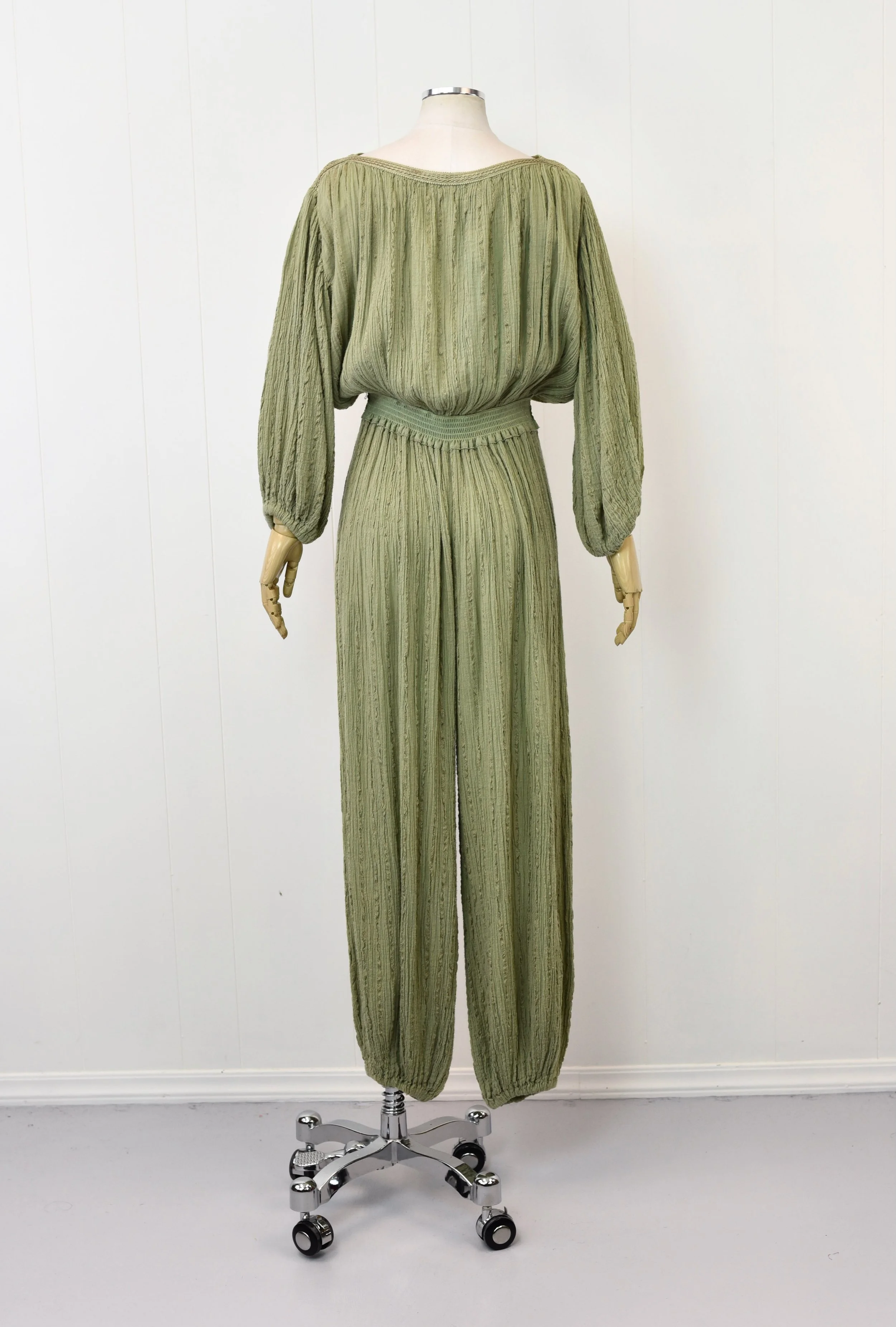 1970s/1980s The Grecian Look Olive Green Pleated Cotton Embroidered Goddess One Piece Jumpsuit  Canned Ham Vintage