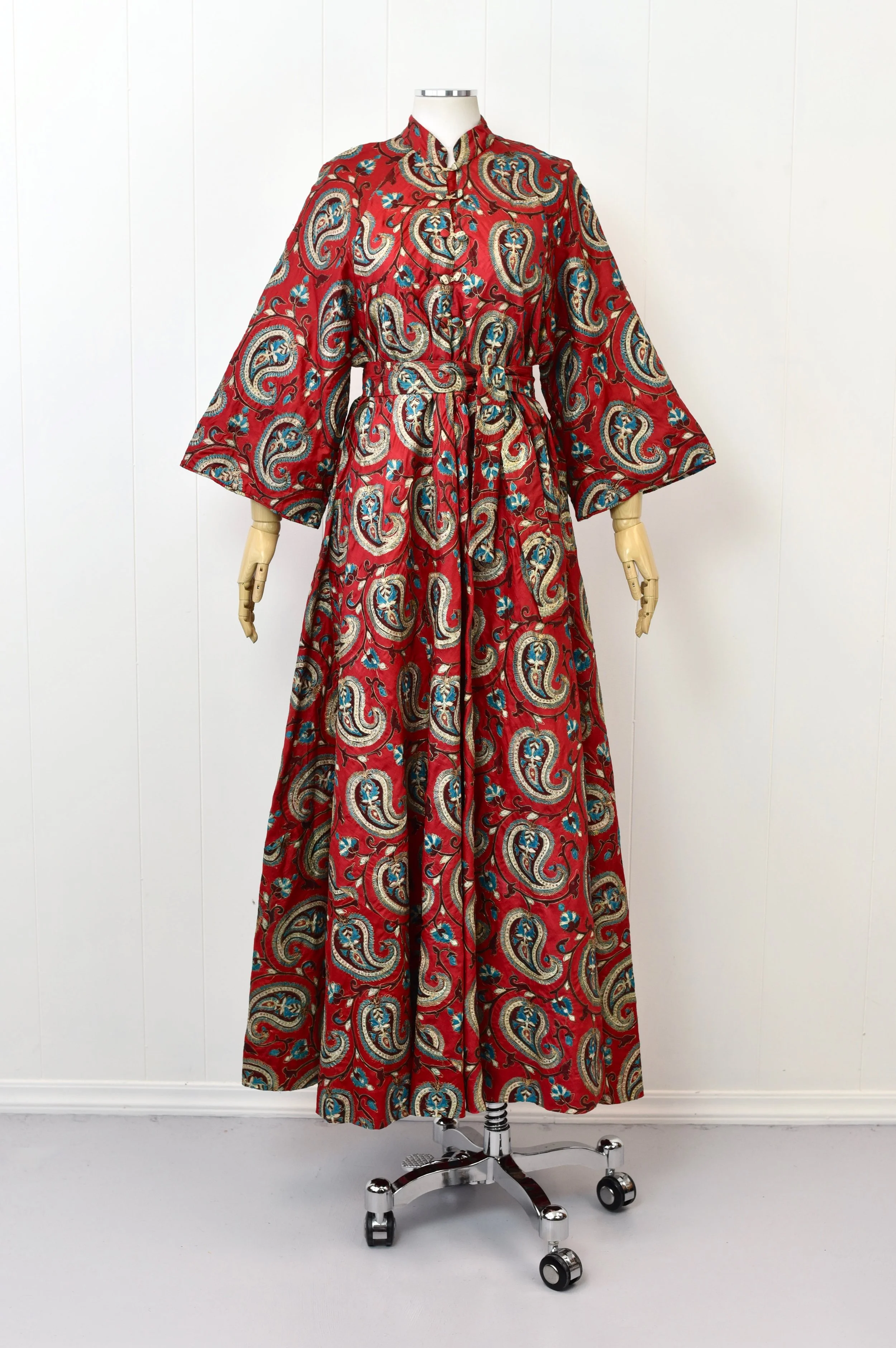 NOS 1970s Raksha of Hindimp London Red Silk Paisley Metallic Psychedelic Indian Boho Hippie Maxi Dress Gown  Canned Ham Vintage