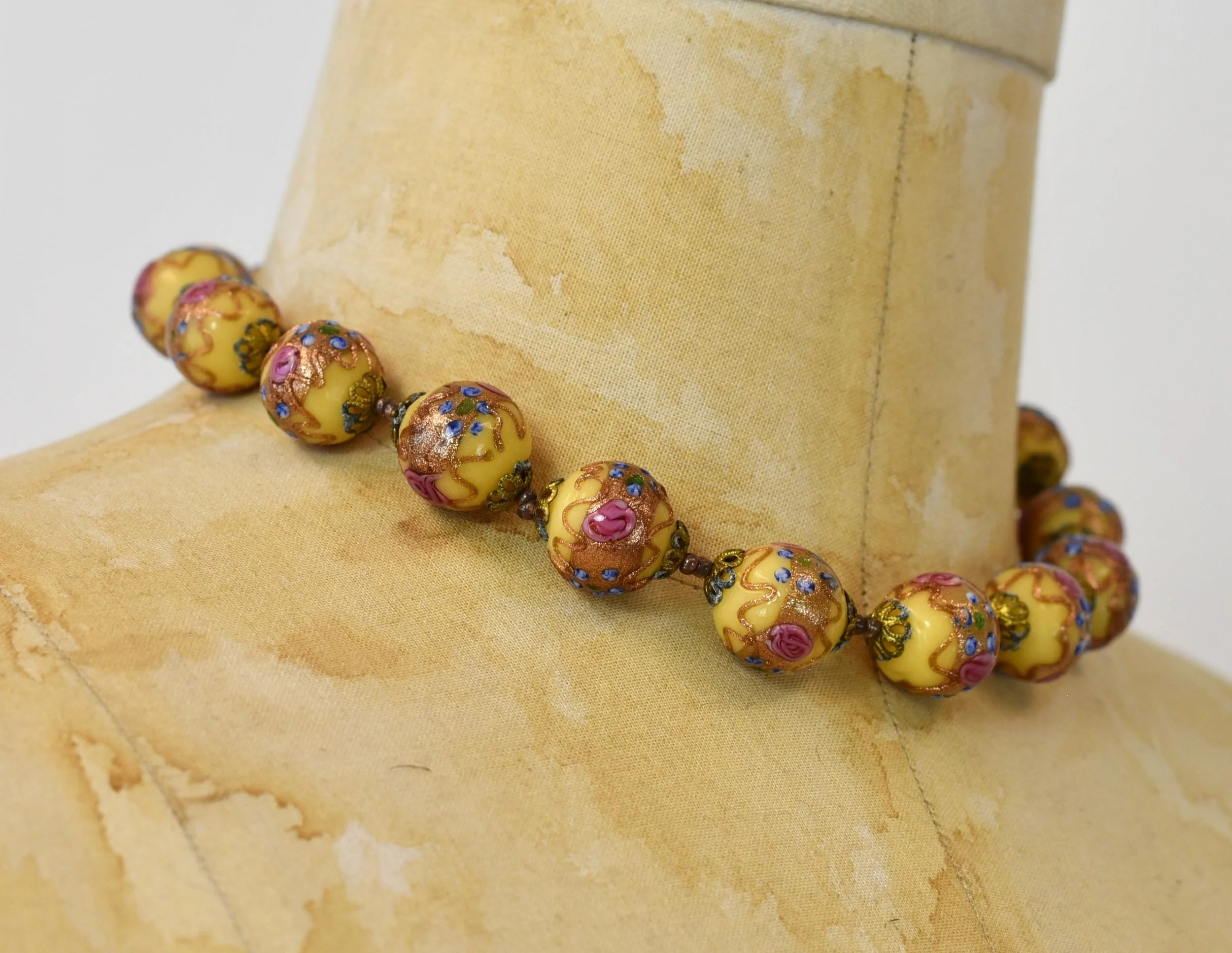 Collier Perles De Murano Ancien - Perles En Verre Venetian Gold Foil, Longueur 52cm - Bijou Vintage