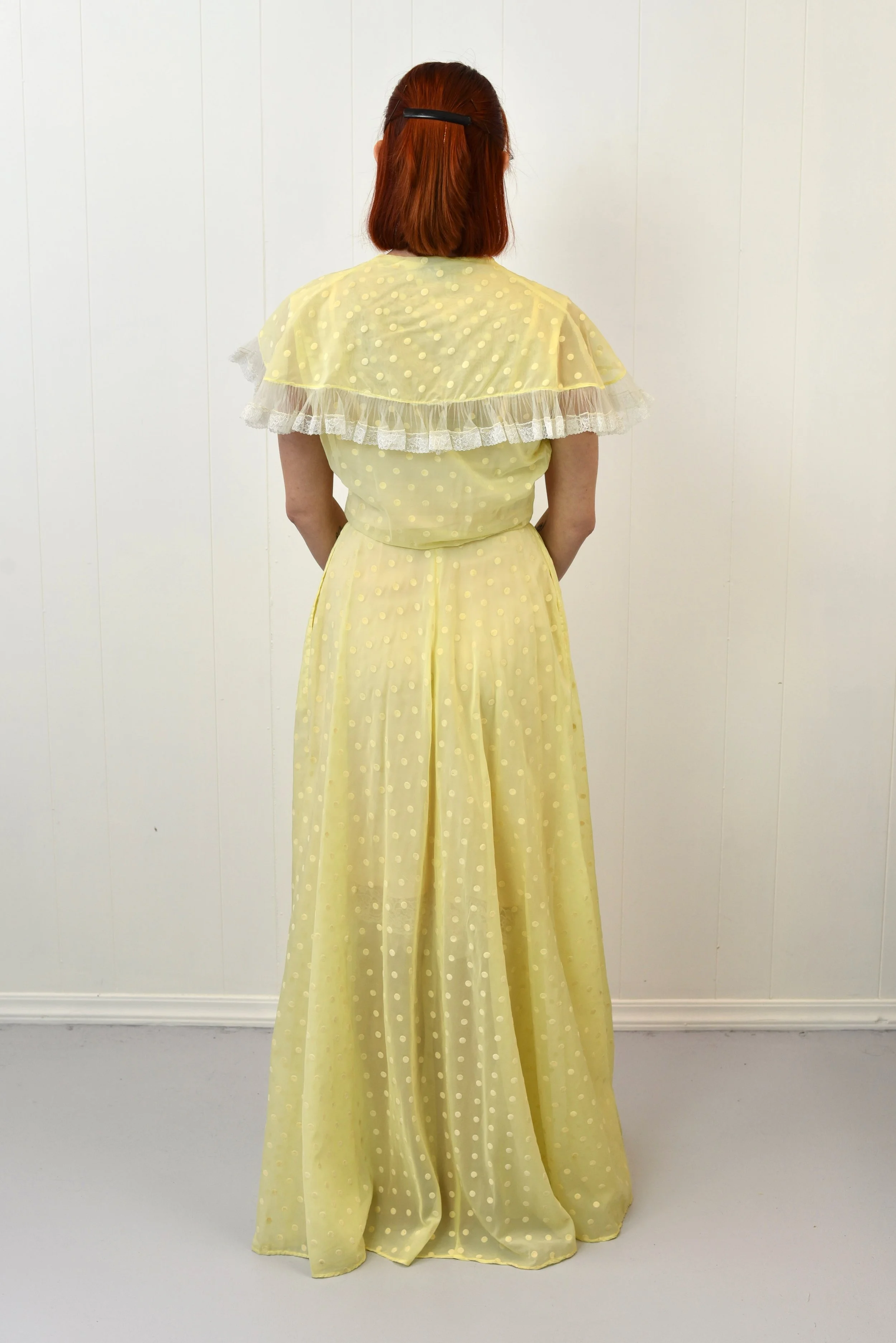 1940s/1950s Yellow Polka Dot Sheer Lace Styled by Dorian Maxi Dress Gown Canned Ham Vintage 1940s/1950s Yellow Polka Dot Sheer Lace Styled by Dorian Maxi Dress Gown Canned Ham Vintage
