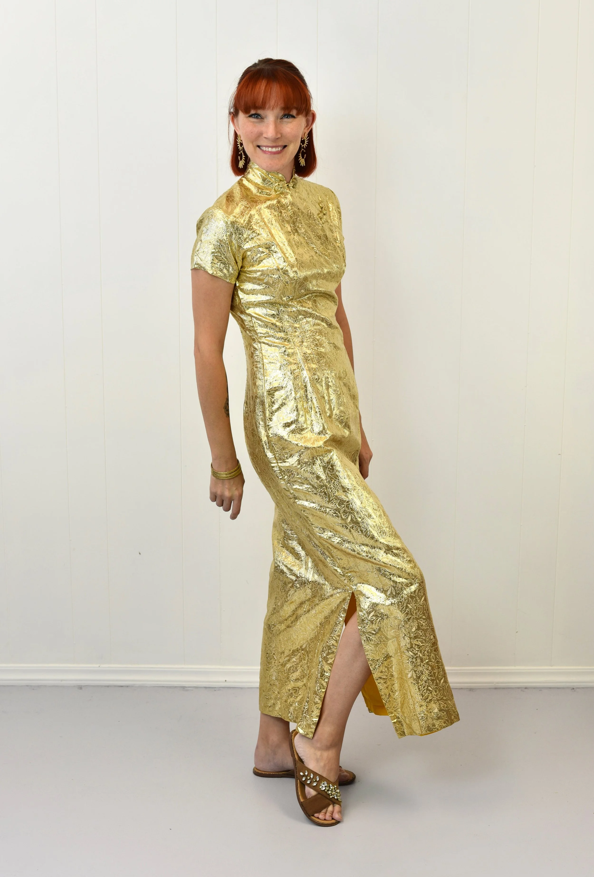 gold wiggle dress 1960s Gold Brocade Vintage Cocktail Dress Wiggle Dress XS main image 1