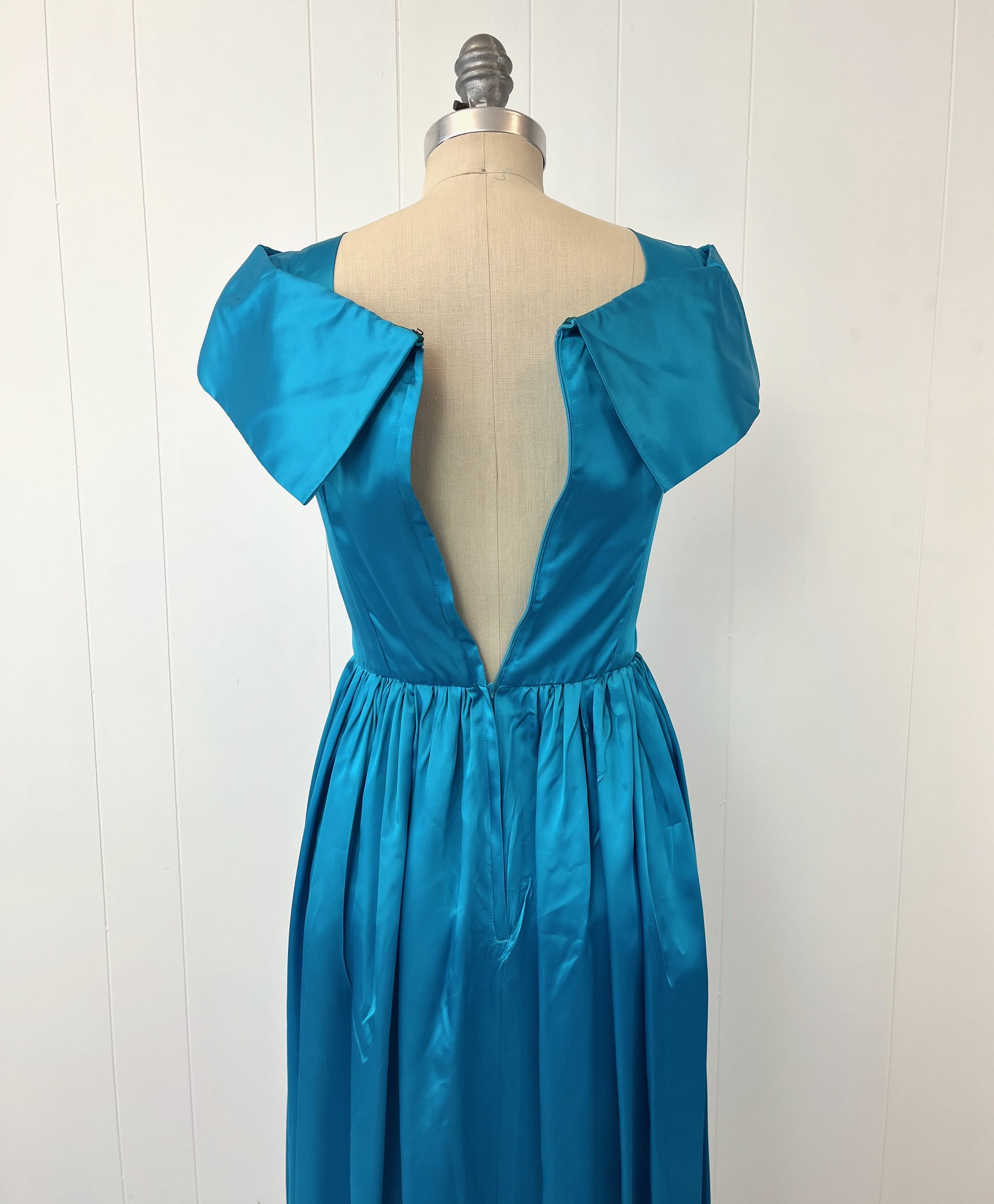 1960s Cerulean Blue Satin Formal Party Prom Dress Gown  Canned Ham Vintage