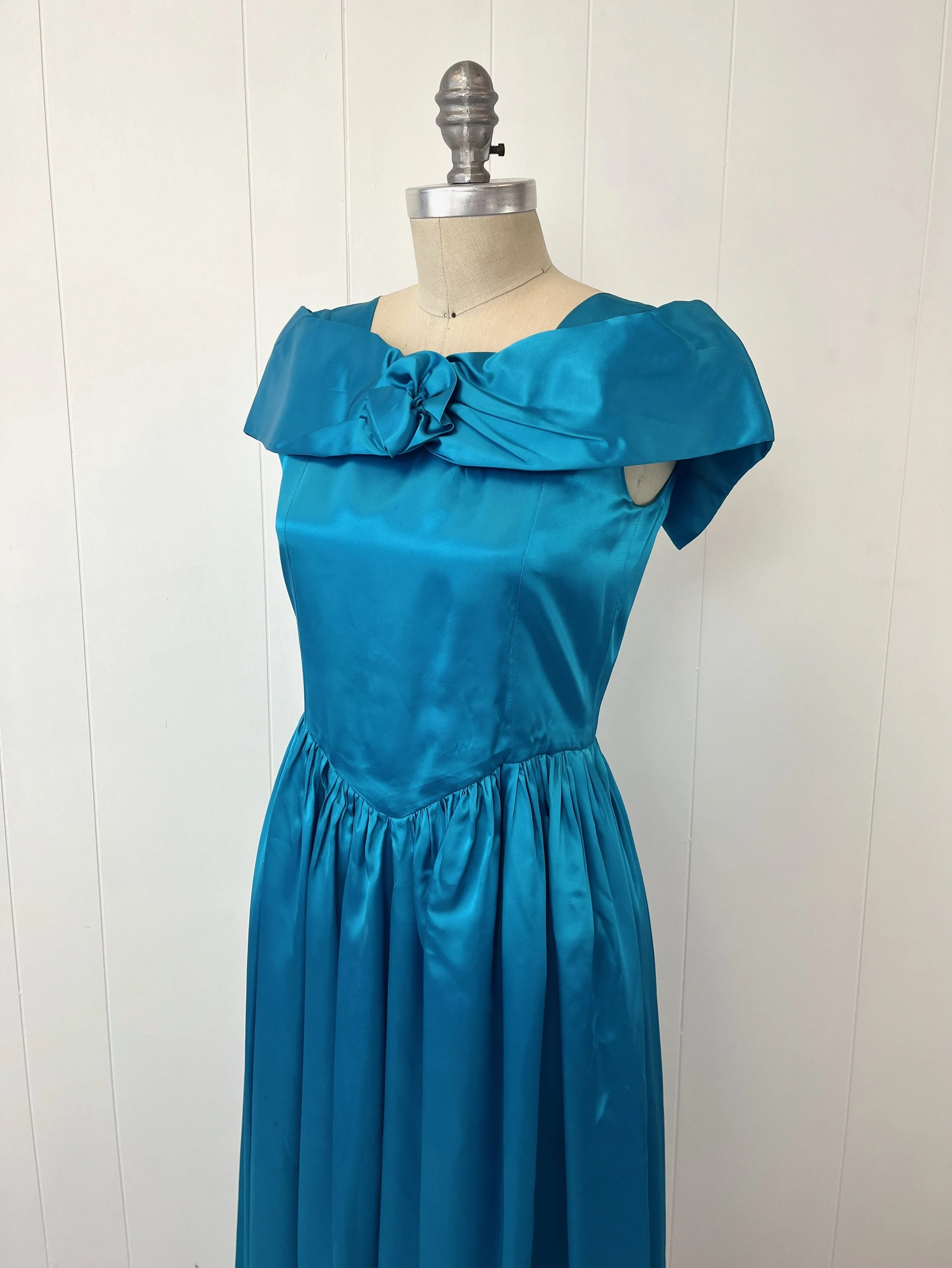 1960s Cerulean Blue Satin Formal Party Prom Dress Gown — Canned Ham Vintage