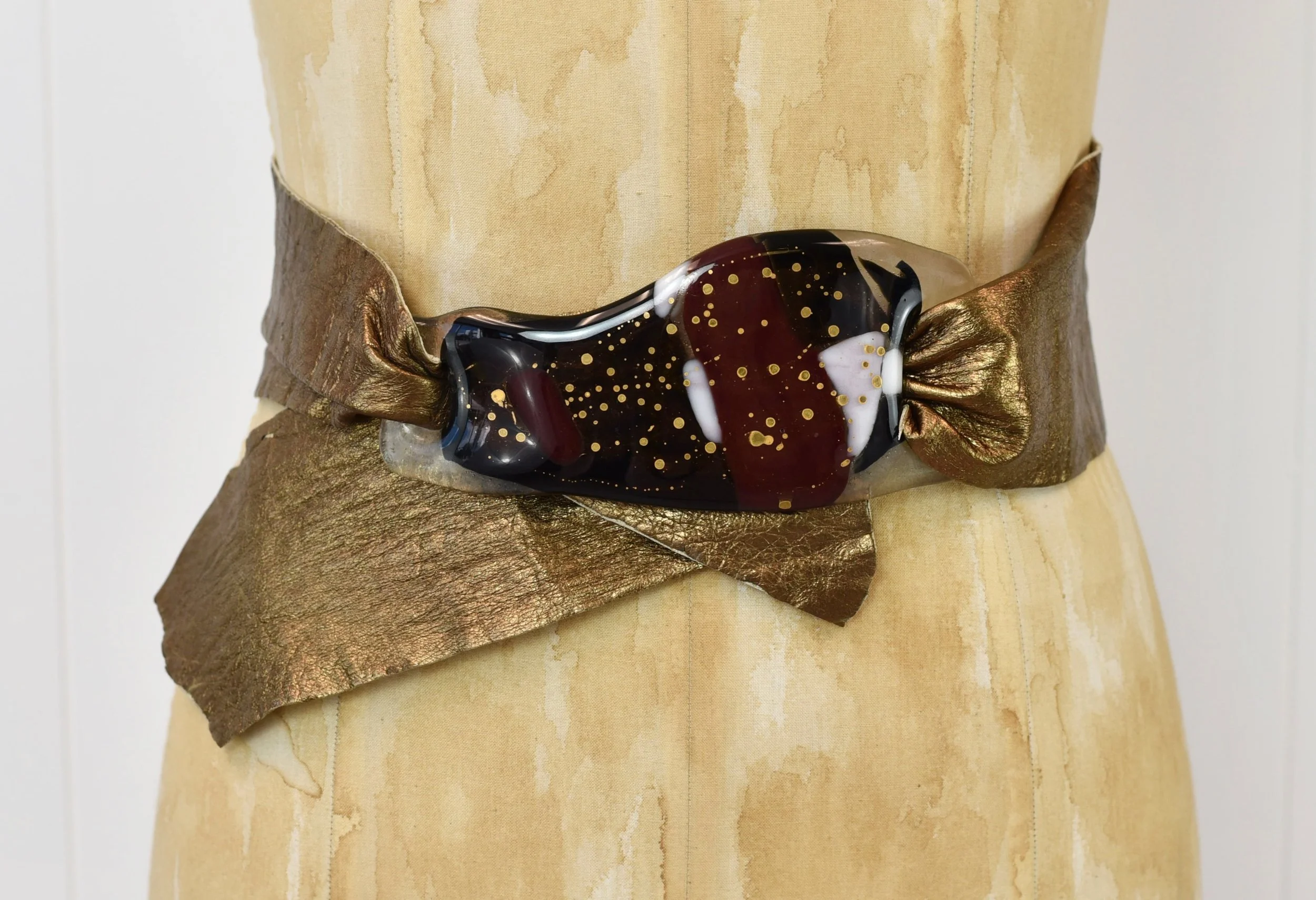 Vintage Gold Metallic Statement Belt Aquarius Belt - Matte Gold Statement Belt on Black Italian  main image 3