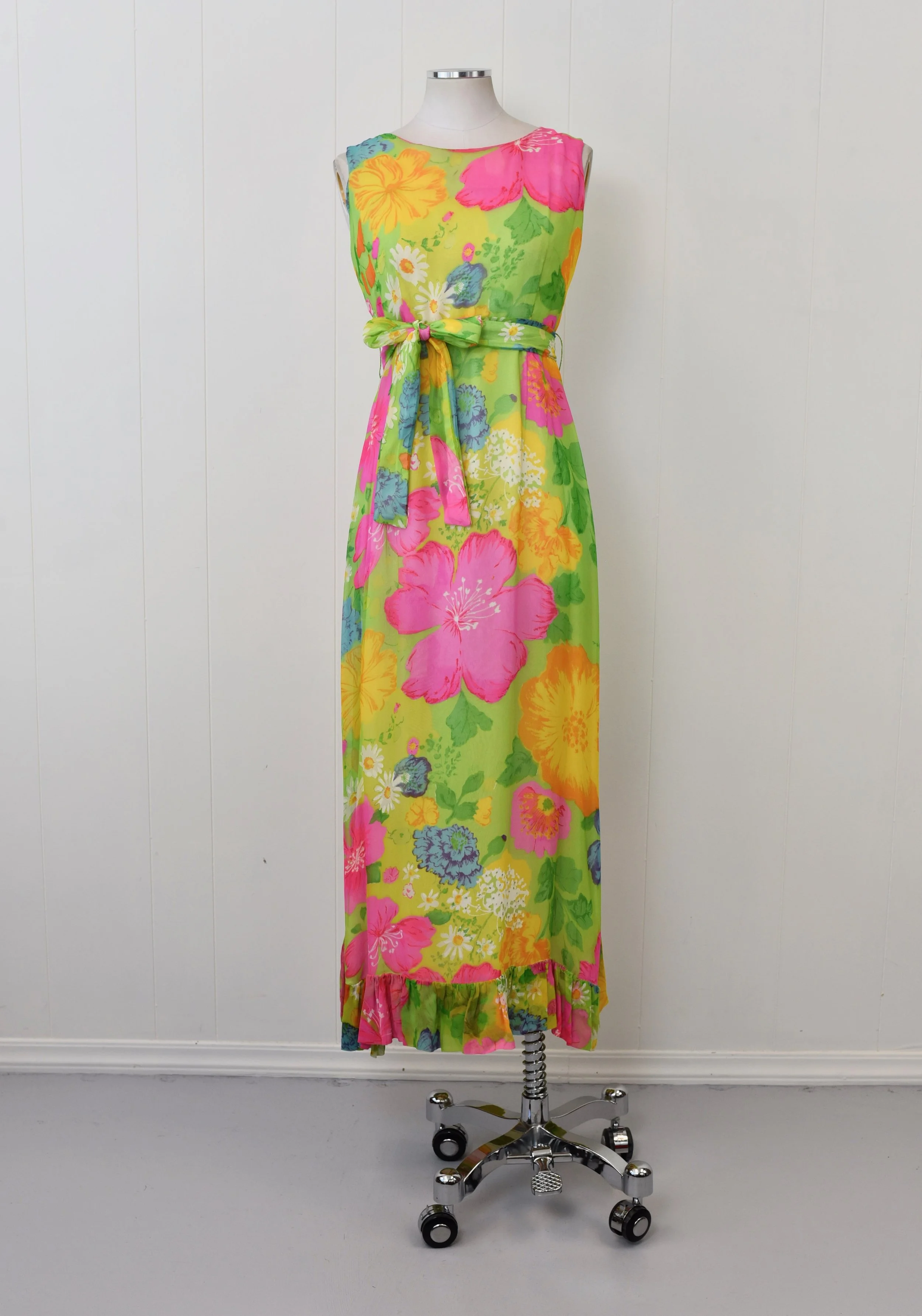 1960s Hawaiian Colorful Floral Ruffle Silk Chiffon Ja-Na Tiki Maxi