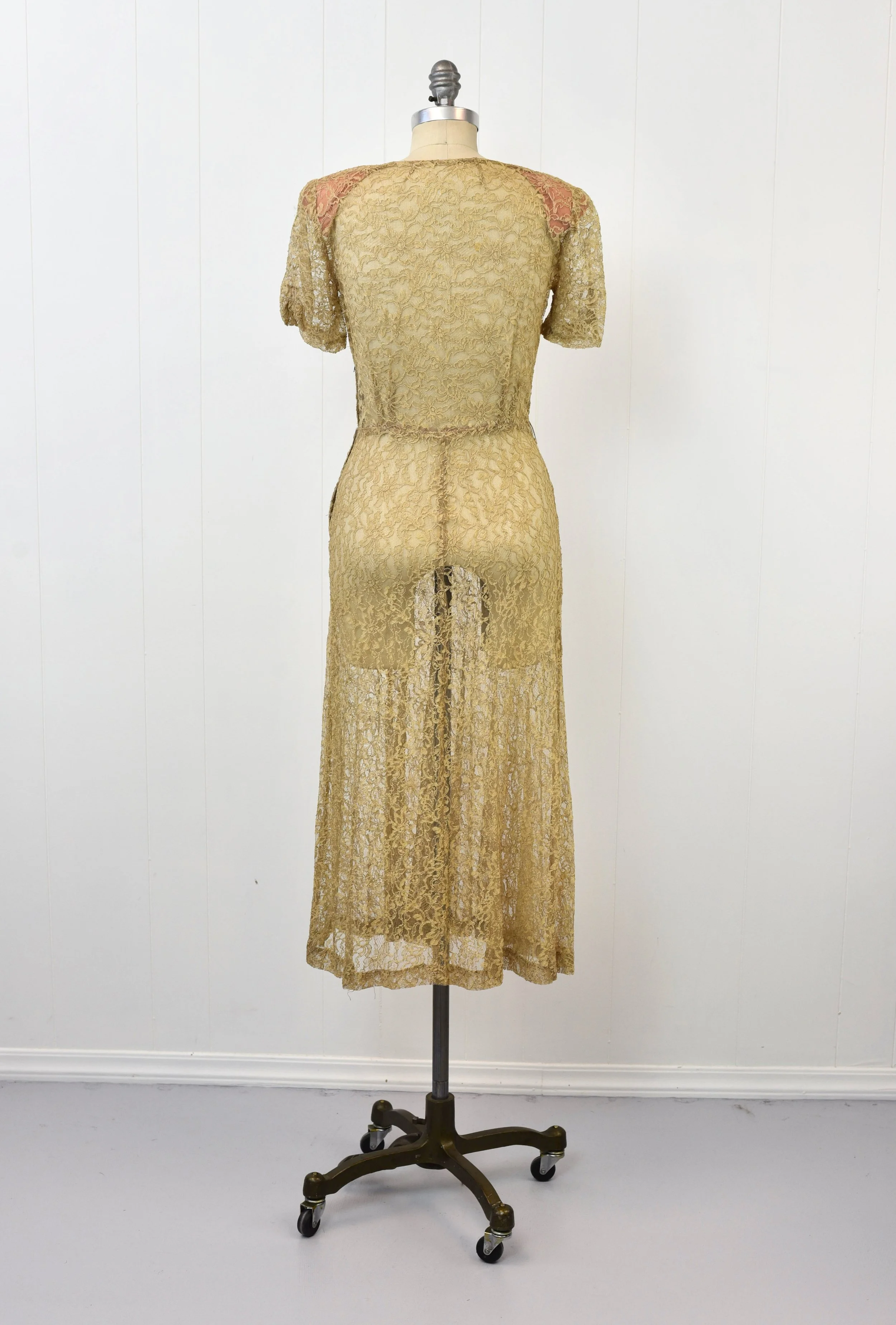 1940s Lace Sheer Floral Beige Tan Pinup Petite Dress  Canned Ham Vintage