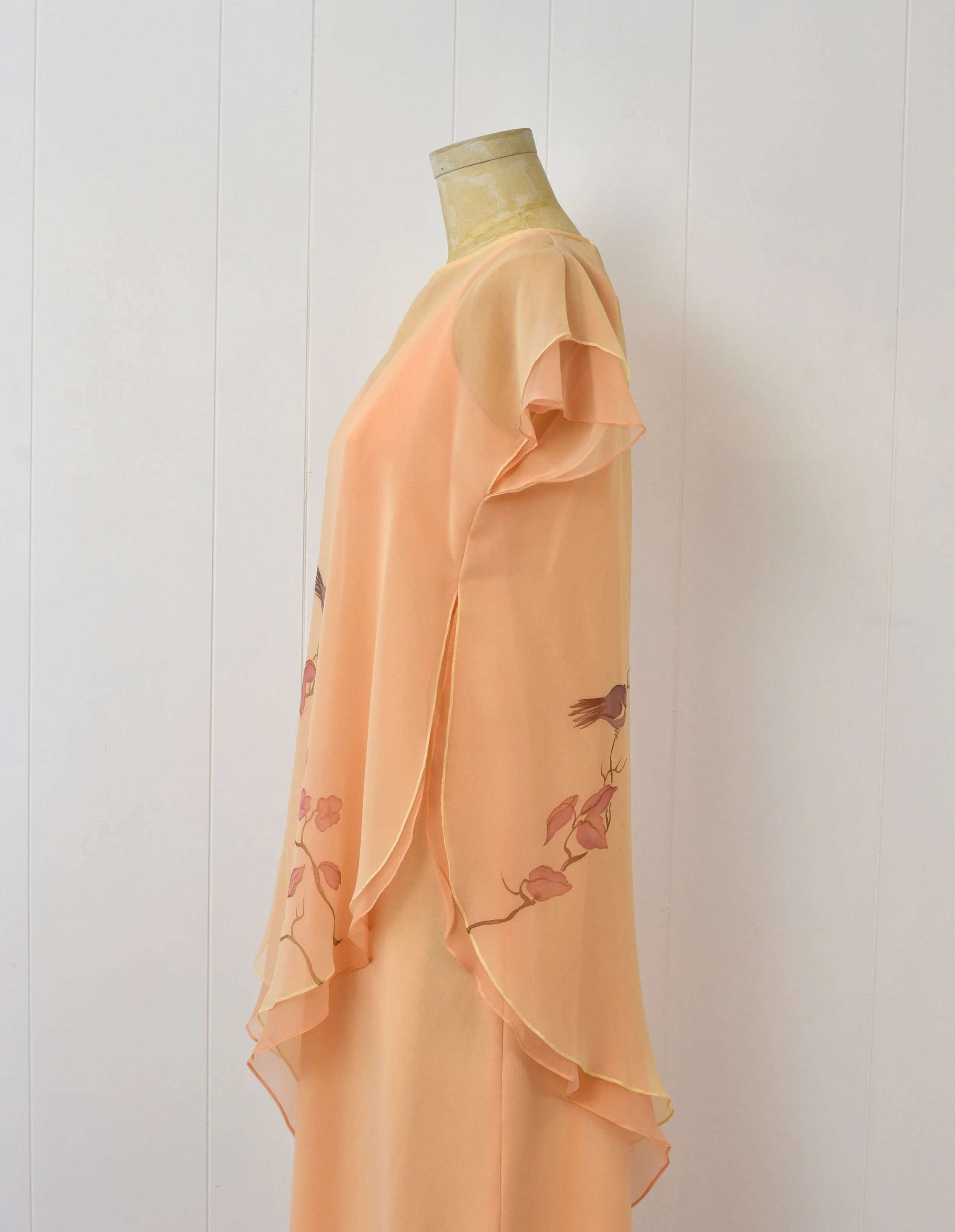 1970s Malia Melon Orange Chiffon Bird Floral Hawaiian Novelty Print Maxi Dress Gown — Canned Ham Vintage