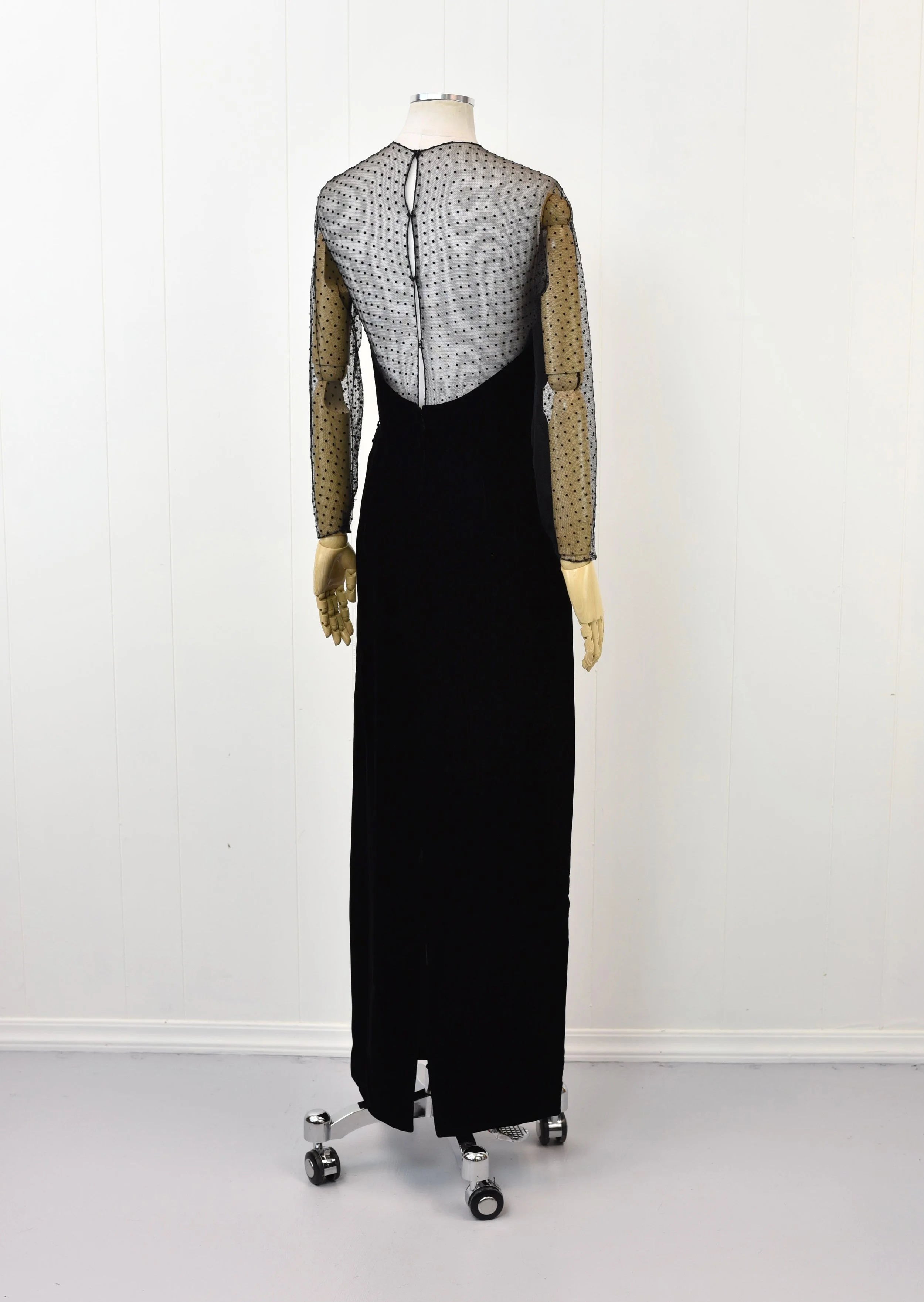 1980s Does 1940s Black Polka Dot Velvet Illusion Sweetheart Neckline Jill  Richards Femme Fatale Starlet Maxi Dress Gown  Canned Ham Vintage