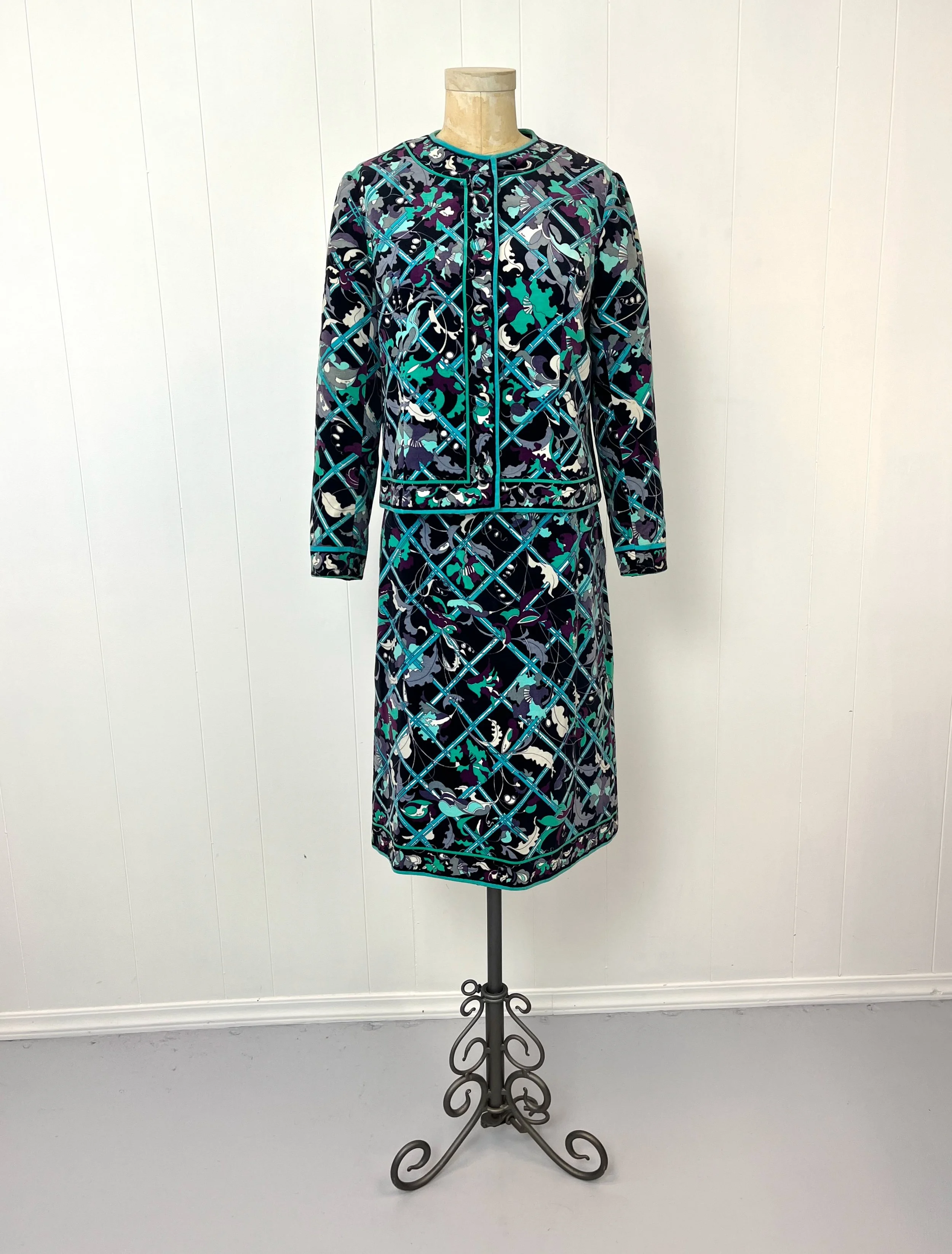 1970s Emilio Pucci Velvet Green Blue Floral Print Two Piece Skirt